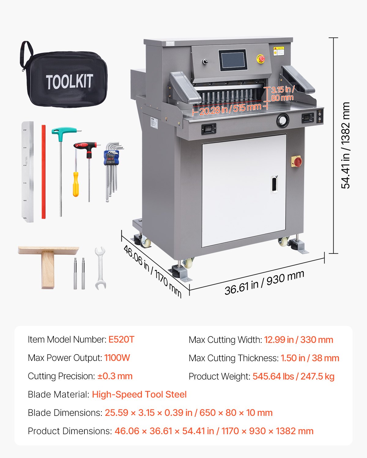 VEVOR Electric Paper Cutter, 1100W Heavy Duty Paper Cutter Machine 20.3 in / 515 mm Cutting Width, 3.1 in / 80 mm Cutting Thickness, Electric Guillotine Trimmer with Casters & 7 in Touchscreen