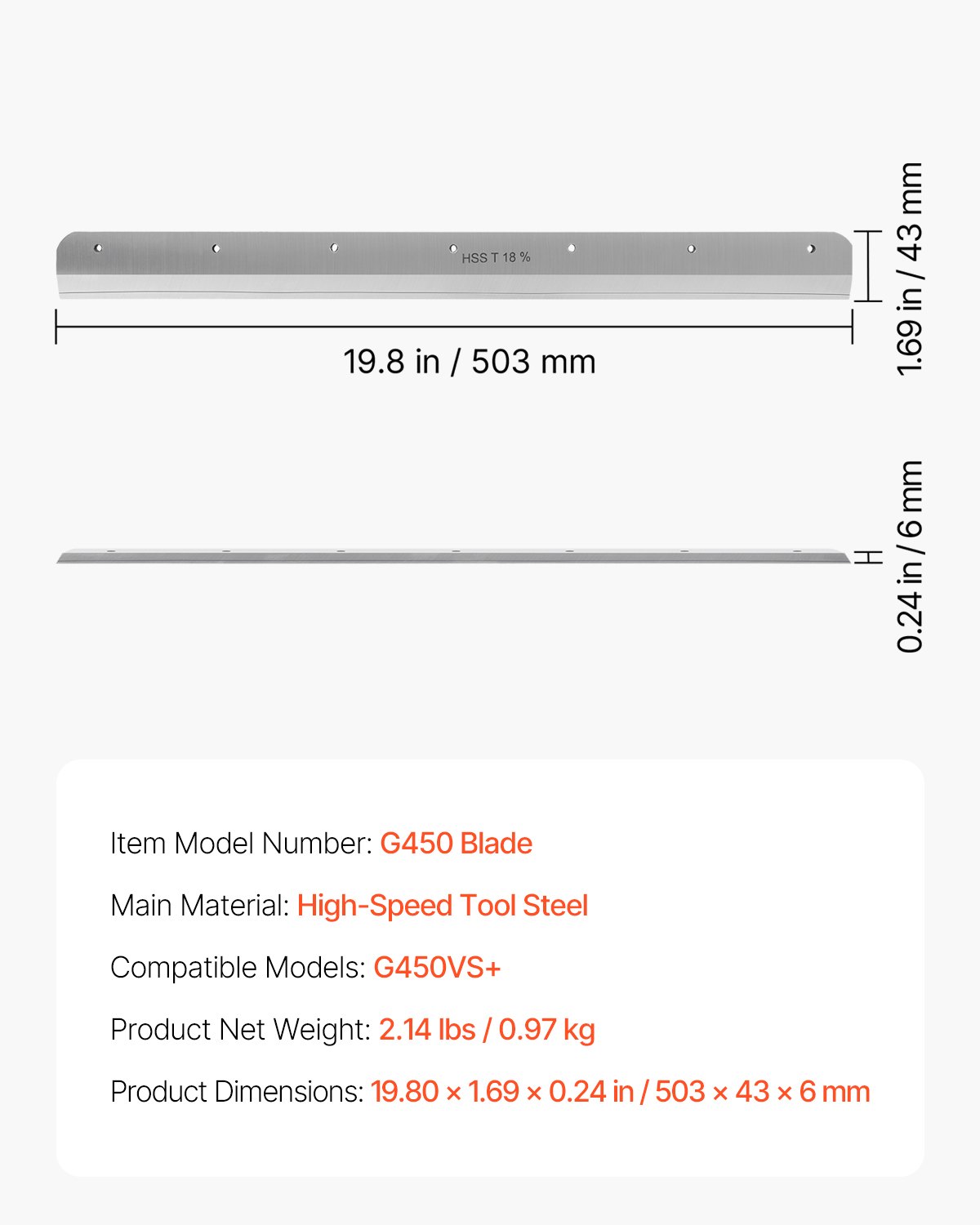 VEVOR Paper Cutter Blade, Heavy Duty Steel Blade Replacement Suitable for Professional Cutter G450VS+, Paper Trimmer Machine Spare Blade,503 x 43 x 6 mm