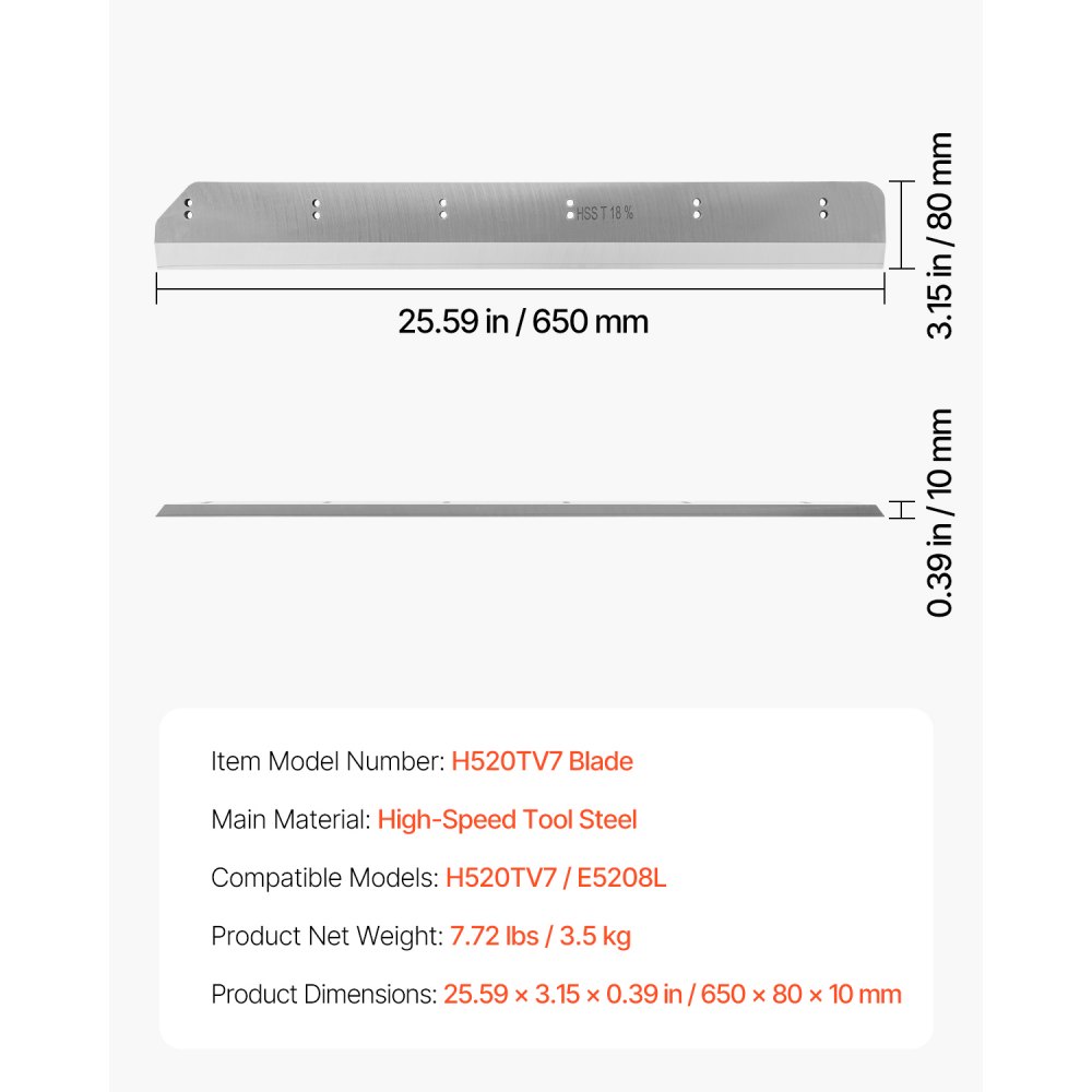 VEVOR Paper Cutter Blade, Heavy Duty Steel Blade Replacement Suitable for Professional Cutter H520TV7/E5208L, Paper Trimmer Machine Spare Blade,650 x 80 x 10 mm