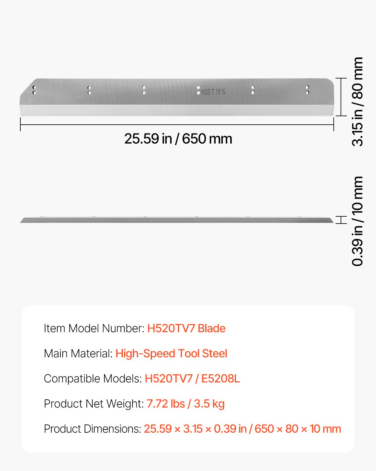 VEVOR Paper Cutter Blade, Heavy Duty Steel Blade Replacement Suitable for Professional Cutter H520TV7/E5208L, Paper Trimmer Machine Spare Blade,650 x 80 x 10 mm
