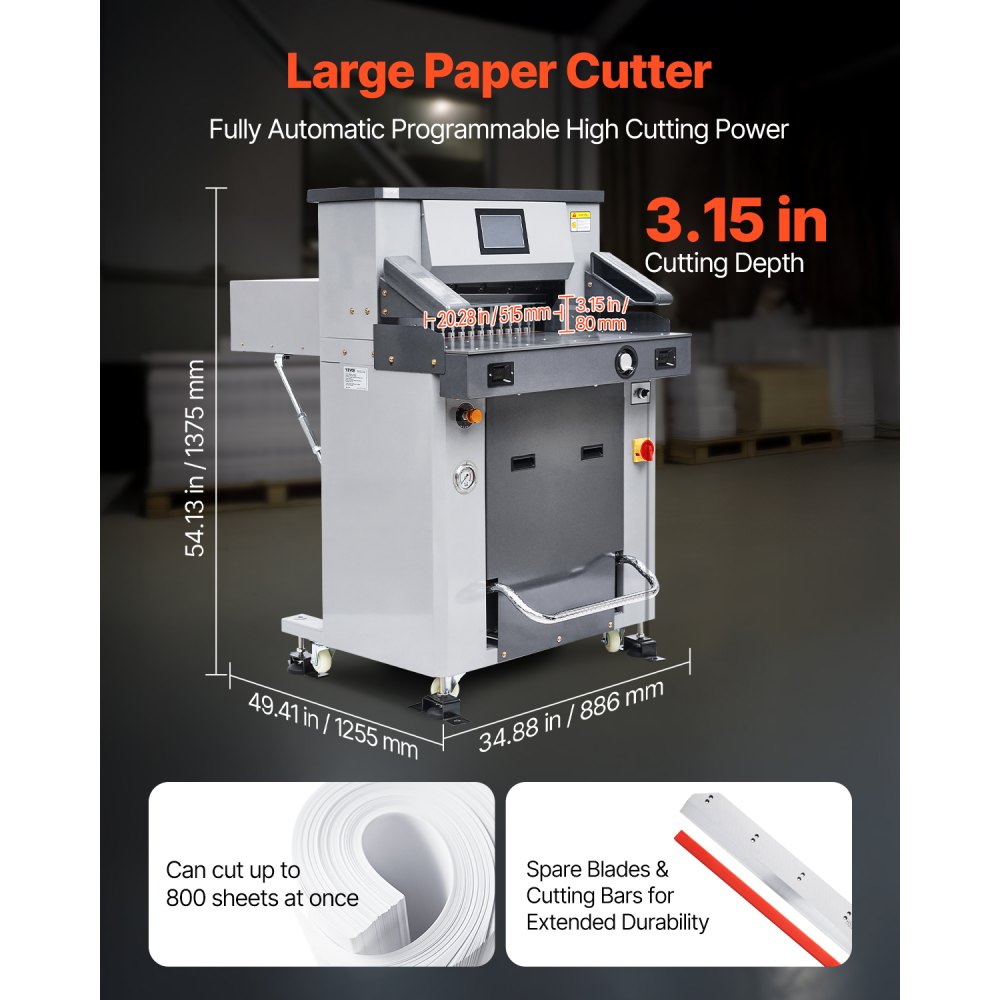 VEVOR Electric Hydraulic Paper Cutter, 2500W Heavy Duty Paper Cutter Machine 20.2 in/515 mm Cutting Width, 3.1 in/80 mm Cutting Thickness, Electric Guillotine Trimmer with Casters & Infrared Function