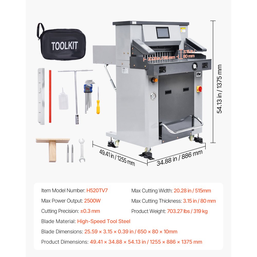 VEVOR Electric Hydraulic Paper Cutter, 2500W Heavy Duty Paper Cutter Machine 20.2 in/515 mm Cutting Width, 3.1 in/80 mm Cutting Thickness, Electric Guillotine Trimmer with Casters & Infrared Function