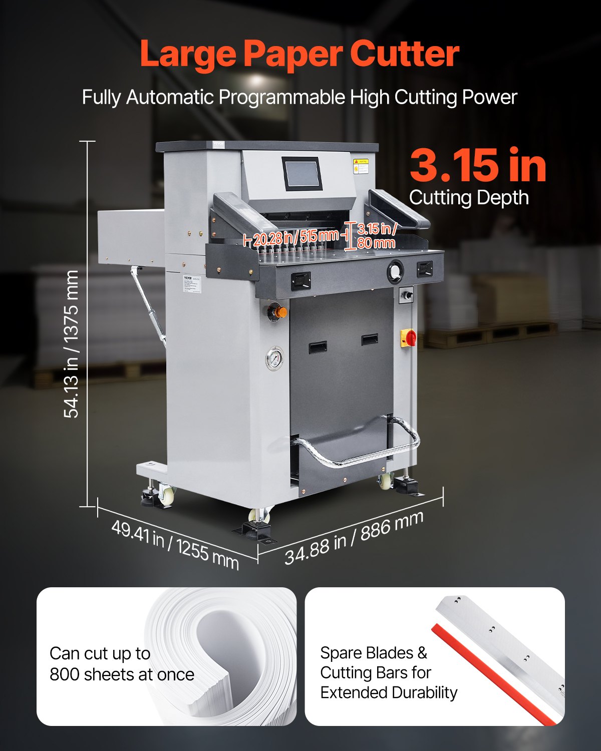 VEVOR Electric Hydraulic Paper Cutter, 2500W Heavy Duty Paper Cutter Machine 20.2 in/515 mm Cutting Width, 3.1 in/80 mm Cutting Thickness, Electric Guillotine Trimmer with Casters & Infrared Function