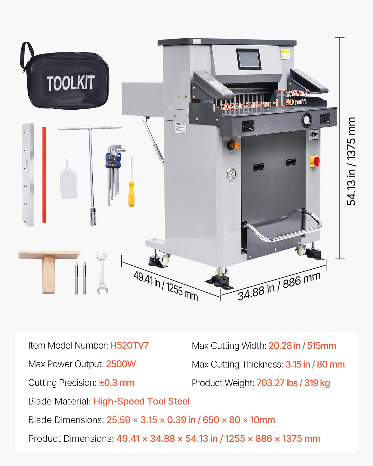 VEVOR Electric Hydraulic Paper Cutter, 2500W Heavy Duty Paper Cutter Machine 20.2 in/515 mm Cutting Width, 3.1 in/80 mm Cutting Thickness, Electric Guillotine Trimmer with Casters & Infrared Function