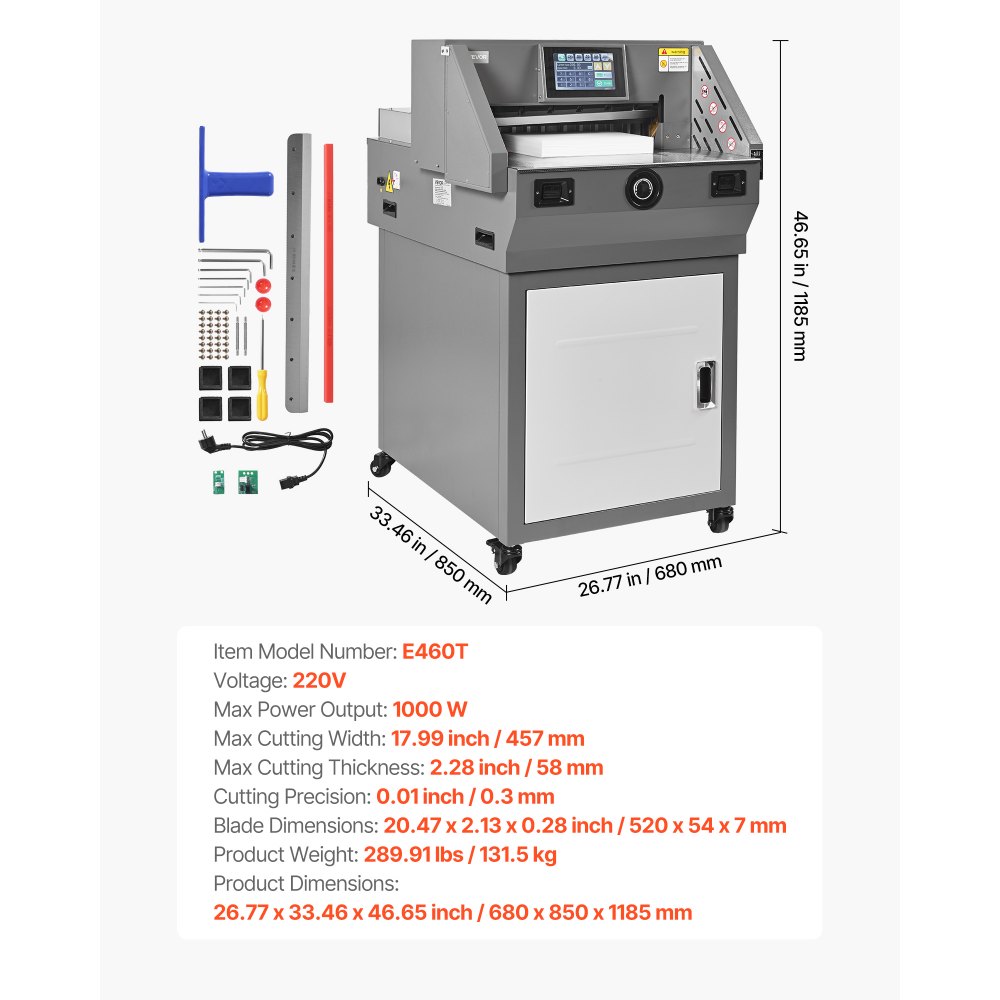 VEVOR Electric Paper Cutter, Metal Programmable Paper Cutter Machine, 17.99 inch Cutting Width, 2.28 inch Cutting Thickness, Electric Hydraulic Guillotine Trimmer with Infrared Function & Spare Blade