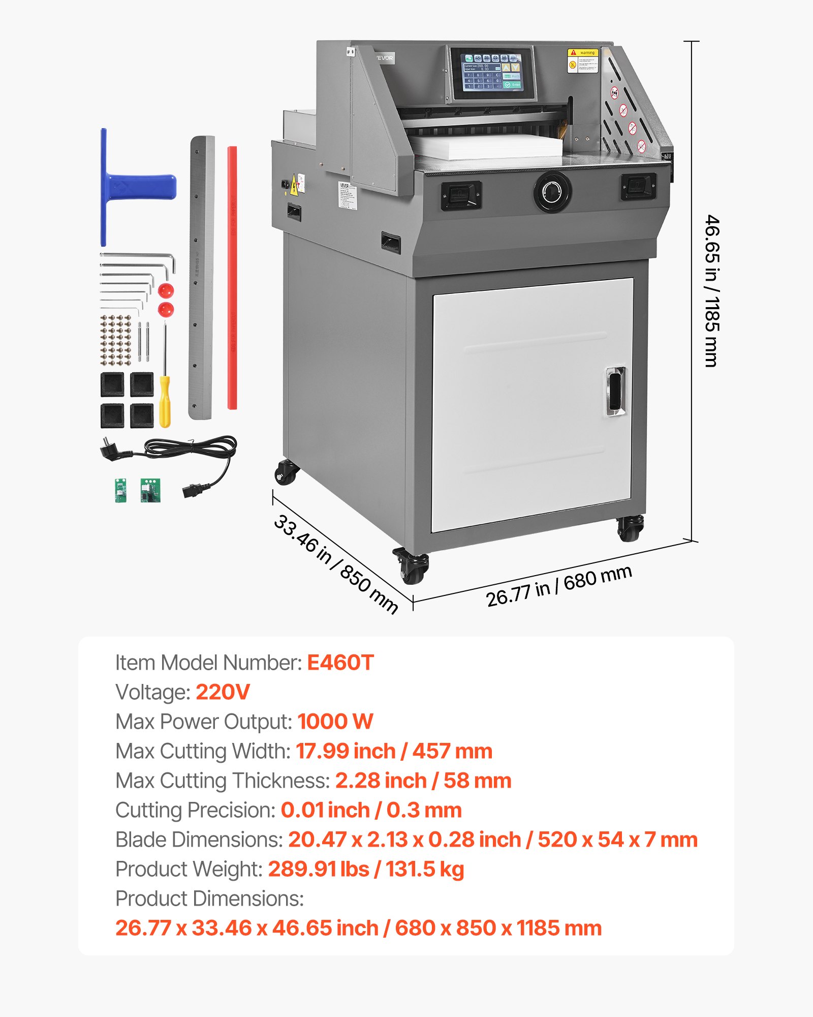 VEVOR Electric Paper Cutter, Metal Programmable Paper Cutter Machine, 17.99 inch Cutting Width, 2.28 inch Cutting Thickness, Electric Hydraulic Guillotine Trimmer with Infrared Function & Spare Blade