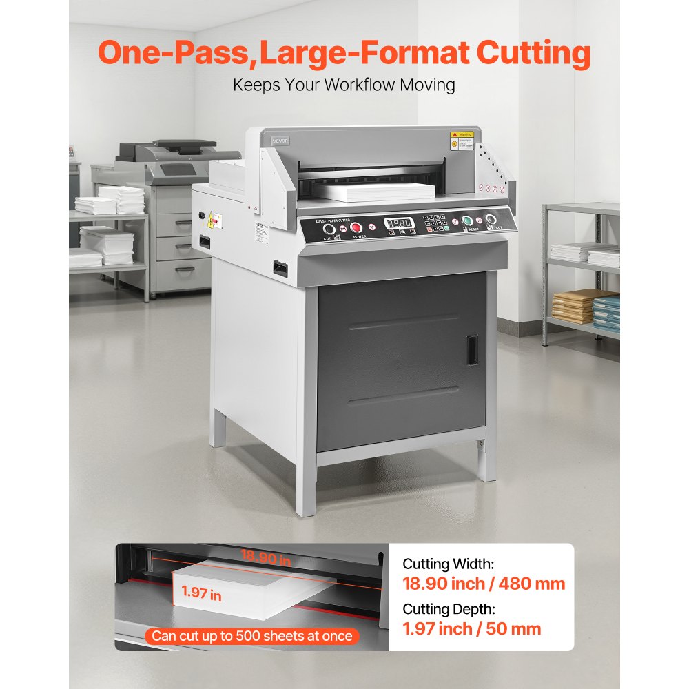 VEVOR Electric Paper Cutter, Heavy Duty Metal Paper Cutter Machine, 18.9 inch Cutting Width, 1.97 inch Cutting Thickness, Electric Hydraulic Guillotine Trimmer with Infrared Function & Spare Blade
