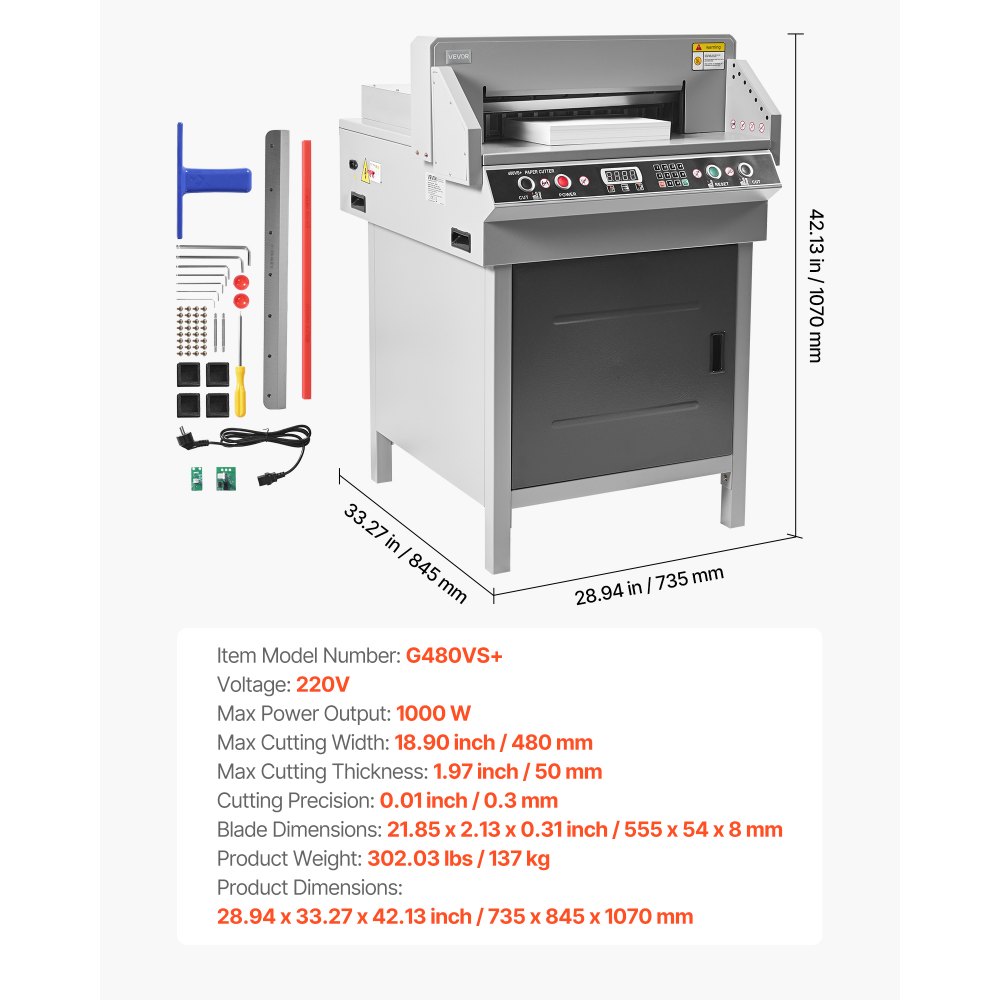 VEVOR Electric Paper Cutter, Heavy Duty Metal Paper Cutter Machine, 18.9 inch Cutting Width, 1.97 inch Cutting Thickness, Electric Hydraulic Guillotine Trimmer with Infrared Function & Spare Blade