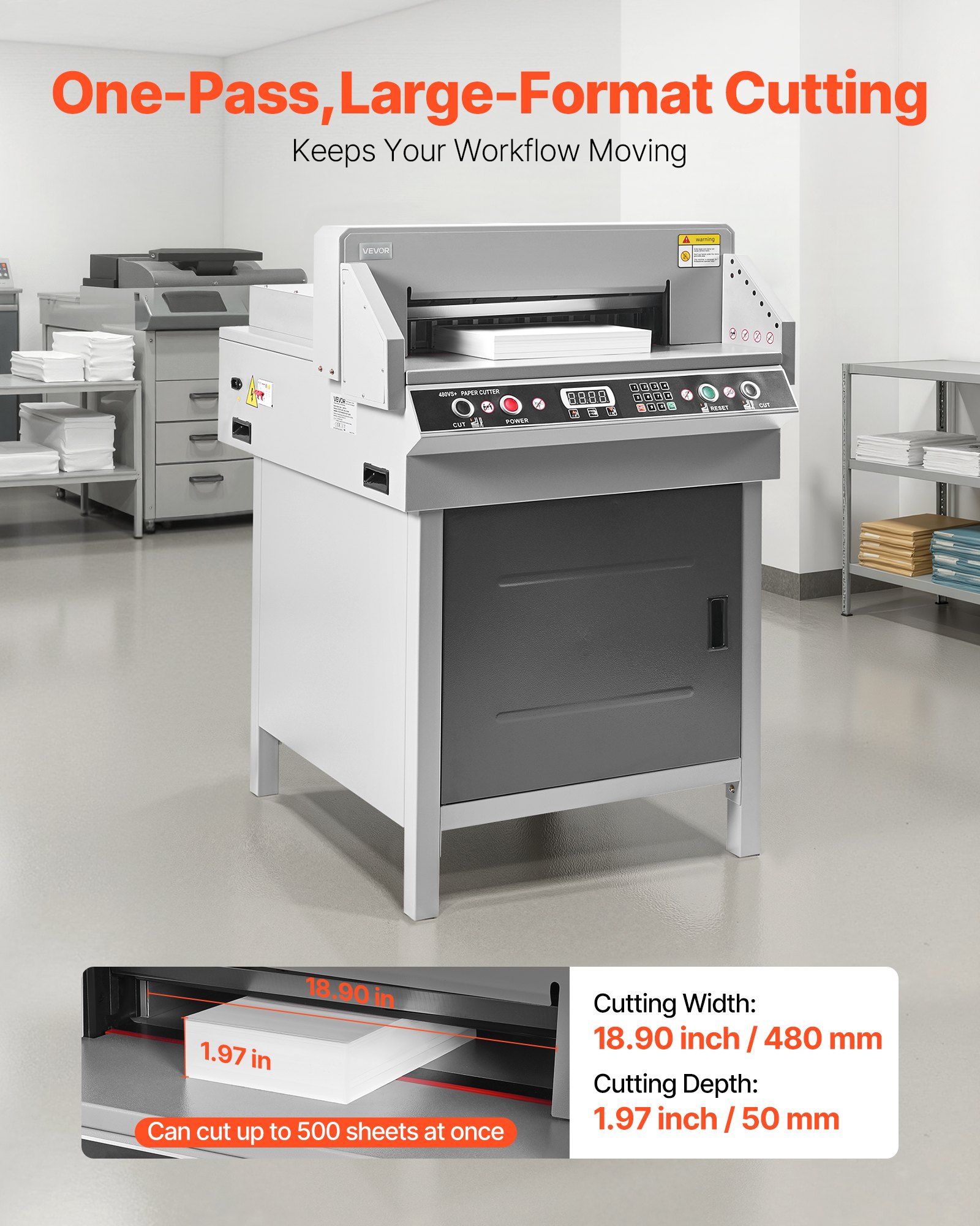 VEVOR Electric Paper Cutter, Heavy Duty Metal Paper Cutter Machine, 18.9 inch Cutting Width, 1.97 inch Cutting Thickness, Electric Hydraulic Guillotine Trimmer with Infrared Function & Spare Blade