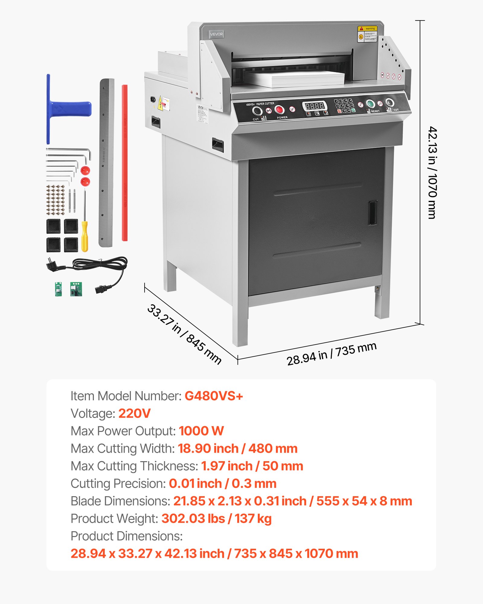 VEVOR Electric Paper Cutter, Heavy Duty Metal Paper Cutter Machine, 18.9 inch Cutting Width, 1.97 inch Cutting Thickness, Electric Hydraulic Guillotine Trimmer with Infrared Function & Spare Blade