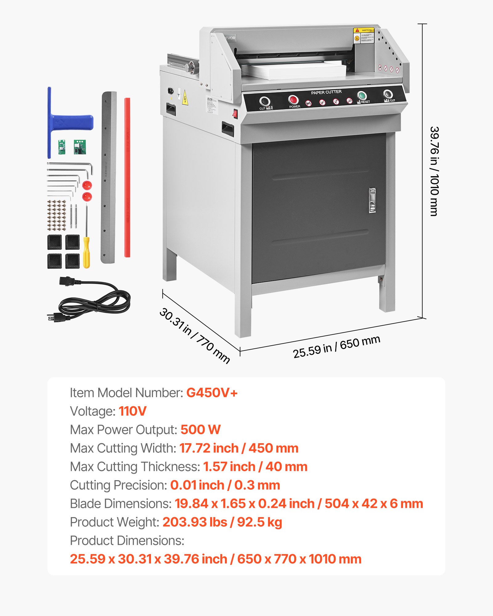 VEVOR Electric Paper Cutter, Heavy Duty Metal Paper Cutter Machine, 17.72 inch Cutting Width, 1.57 inch Cutting Thickness, Electric Guillotine Trimmer with Infrared Function and Spare Blade