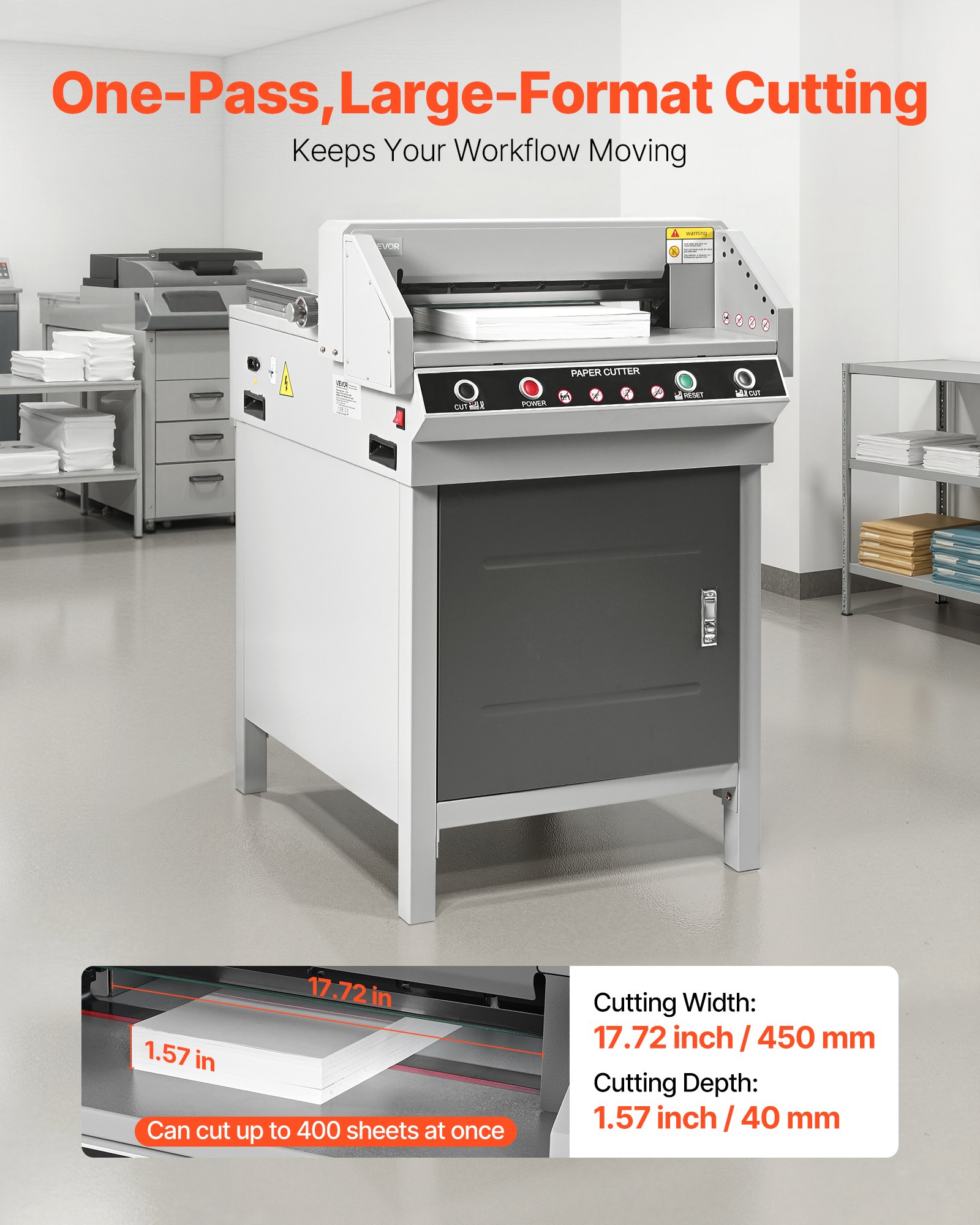 VEVOR Electric Paper Cutter, Heavy Duty Metal Paper Cutter Machine, 450 mm Cutting Width, 40 mm Cutting Thickness, Electric Guillotine Trimmer with Infrared Function and Spare Blade