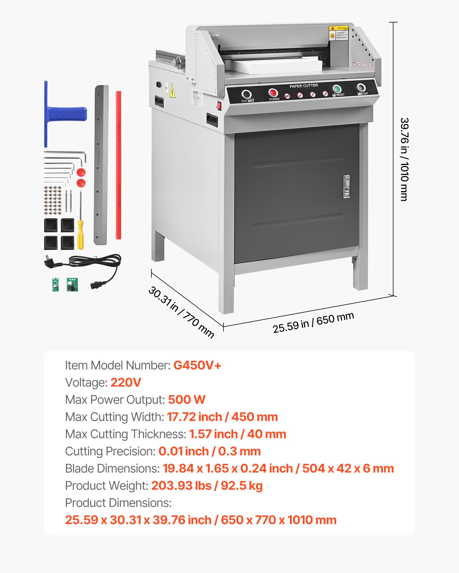 VEVOR Electric Paper Cutter, Heavy Duty Metal Paper Cutter Machine, 450 mm Cutting Width, 40 mm Cutting Thickness, Electric Guillotine Trimmer with Infrared Function and Spare Blade