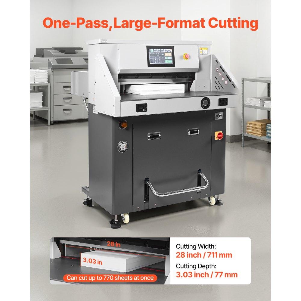 VEVOR Electric Paper Cutter, Metal Hydraulic Paper Cutter Machine, 28 inch Cutting Width, 3.03 inch Cutting Thickness, Large Size Electric Guillotine Trimmer with Infrared Function and Spare Blade