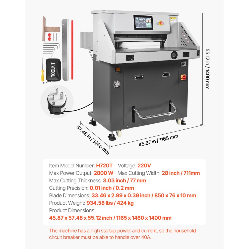 VEVOR Electric Paper Cutter, Metal Hydraulic Paper Cutter Machine, 28 inch Cutting Width, 3.03 inch Cutting Thickness, Large Size Electric Guillotine Trimmer with Infrared Function and Spare Blade