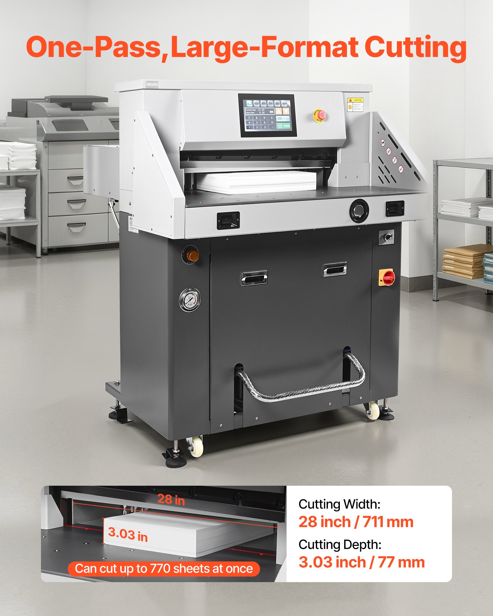 VEVOR Electric Paper Cutter, Metal Hydraulic Paper Cutter Machine, 28 inch Cutting Width, 3.03 inch Cutting Thickness, Large Size Electric Guillotine Trimmer with Infrared Function and Spare Blade