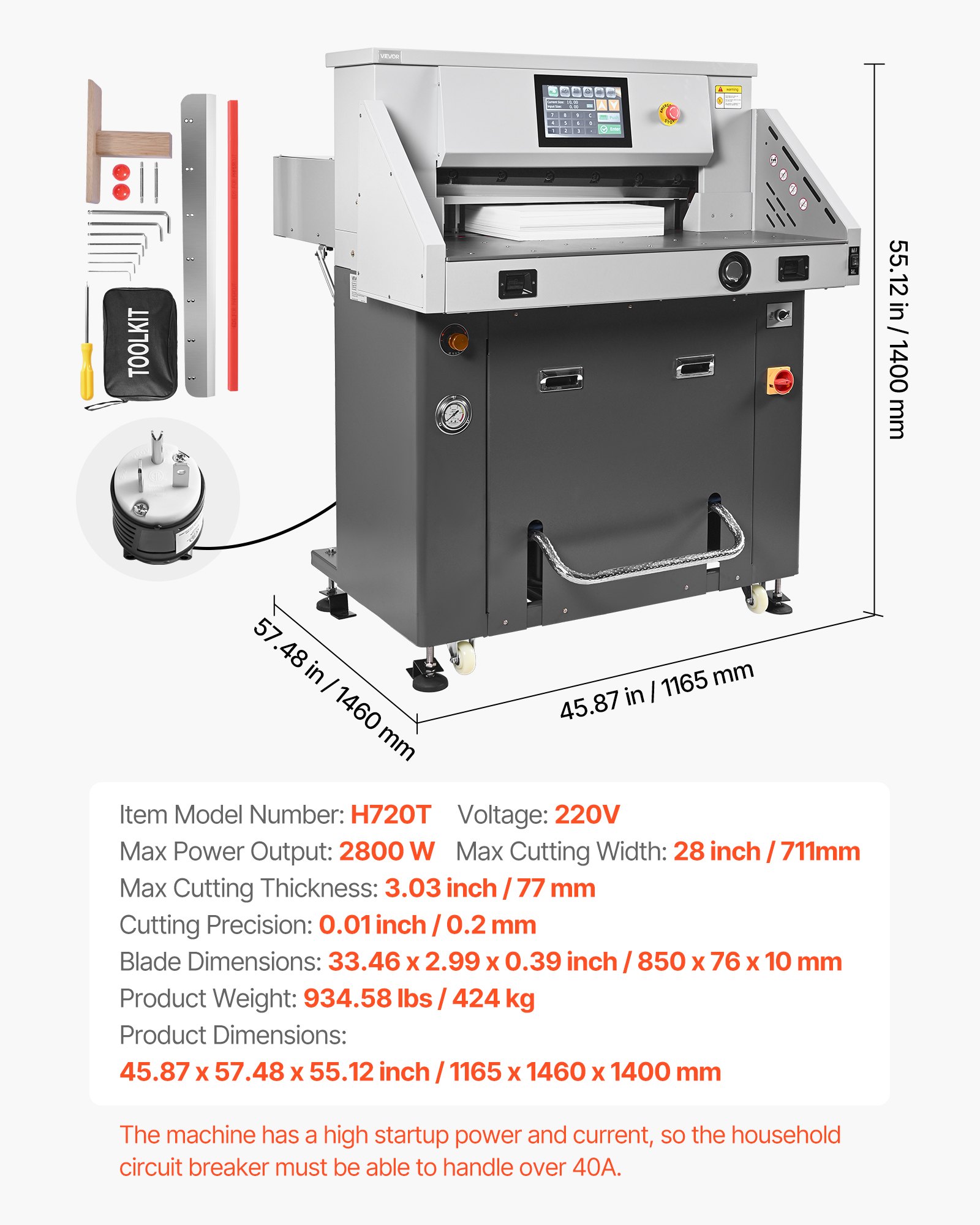 VEVOR Electric Paper Cutter, Metal Hydraulic Paper Cutter Machine, 28 inch Cutting Width, 3.03 inch Cutting Thickness, Large Size Electric Guillotine Trimmer with Infrared Function and Spare Blade