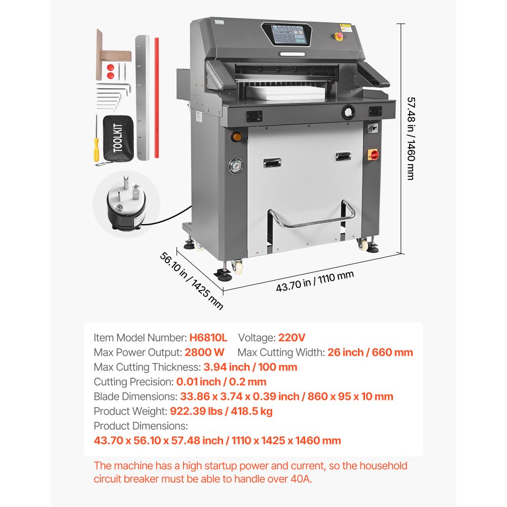 VEVOR Electric Paper Cutter, Metal Hydraulic Paper Cutter Machine, 26 inch Cutting Width, 3.94 inch Cutting Thickness, Large Size Electric Guillotine Trimmer with Infrared Function and Spare Blade