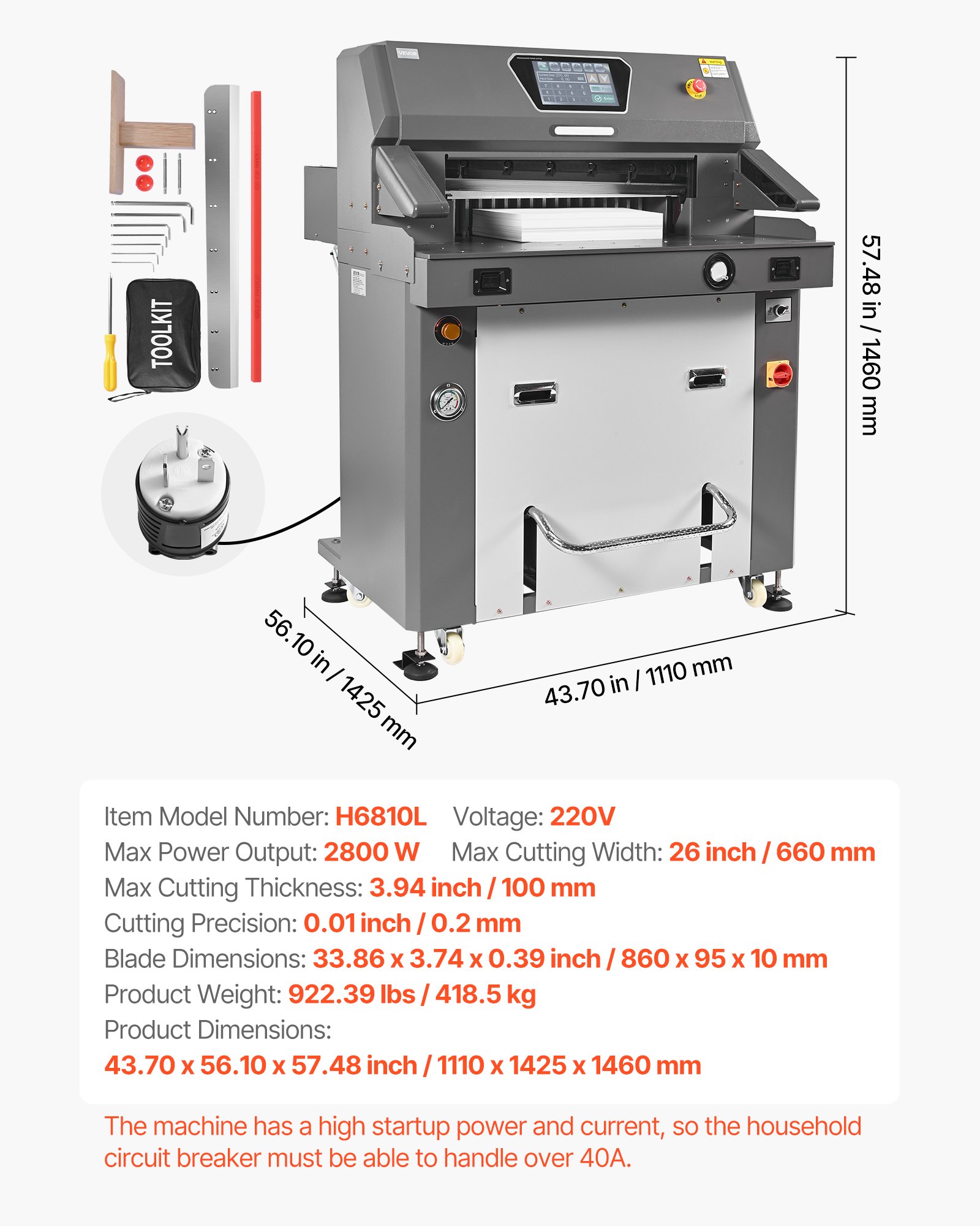 VEVOR Electric Paper Cutter, Metal Hydraulic Paper Cutter Machine, 26 inch Cutting Width, 3.94 inch Cutting Thickness, Large Size Electric Guillotine Trimmer with Infrared Function and Spare Blade