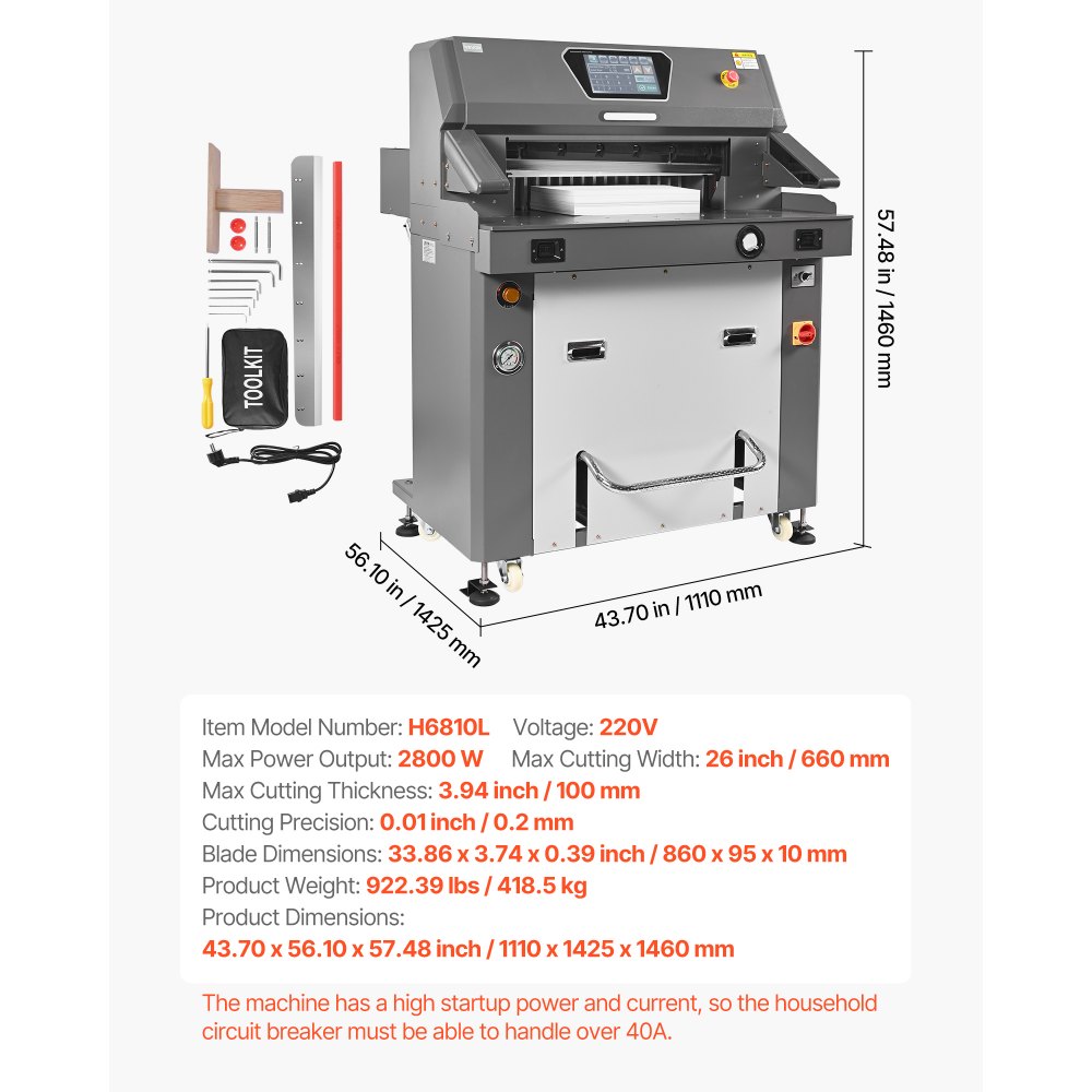 VEVOR Electric Paper Cutter, Metal Hydraulic Paper Cutter Machine, 660 mm Cutting Width, 100 mm Cutting Thickness, Large Size Electric Guillotine Trimmer with Infrared Function and Spare Blade