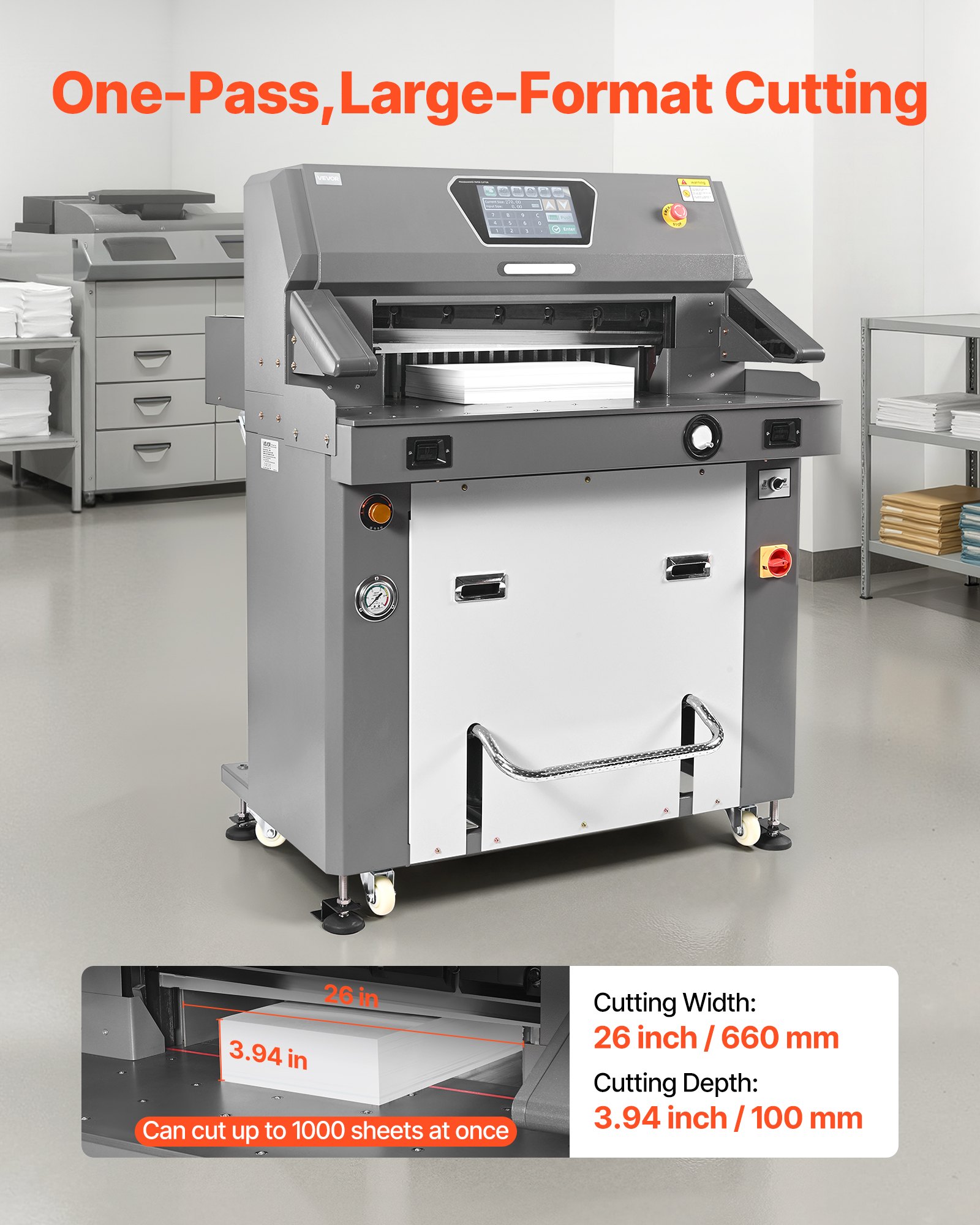 VEVOR Electric Paper Cutter, Metal Hydraulic Paper Cutter Machine, 660 mm Cutting Width, 100 mm Cutting Thickness, Large Size Electric Guillotine Trimmer with Infrared Function and Spare Blade