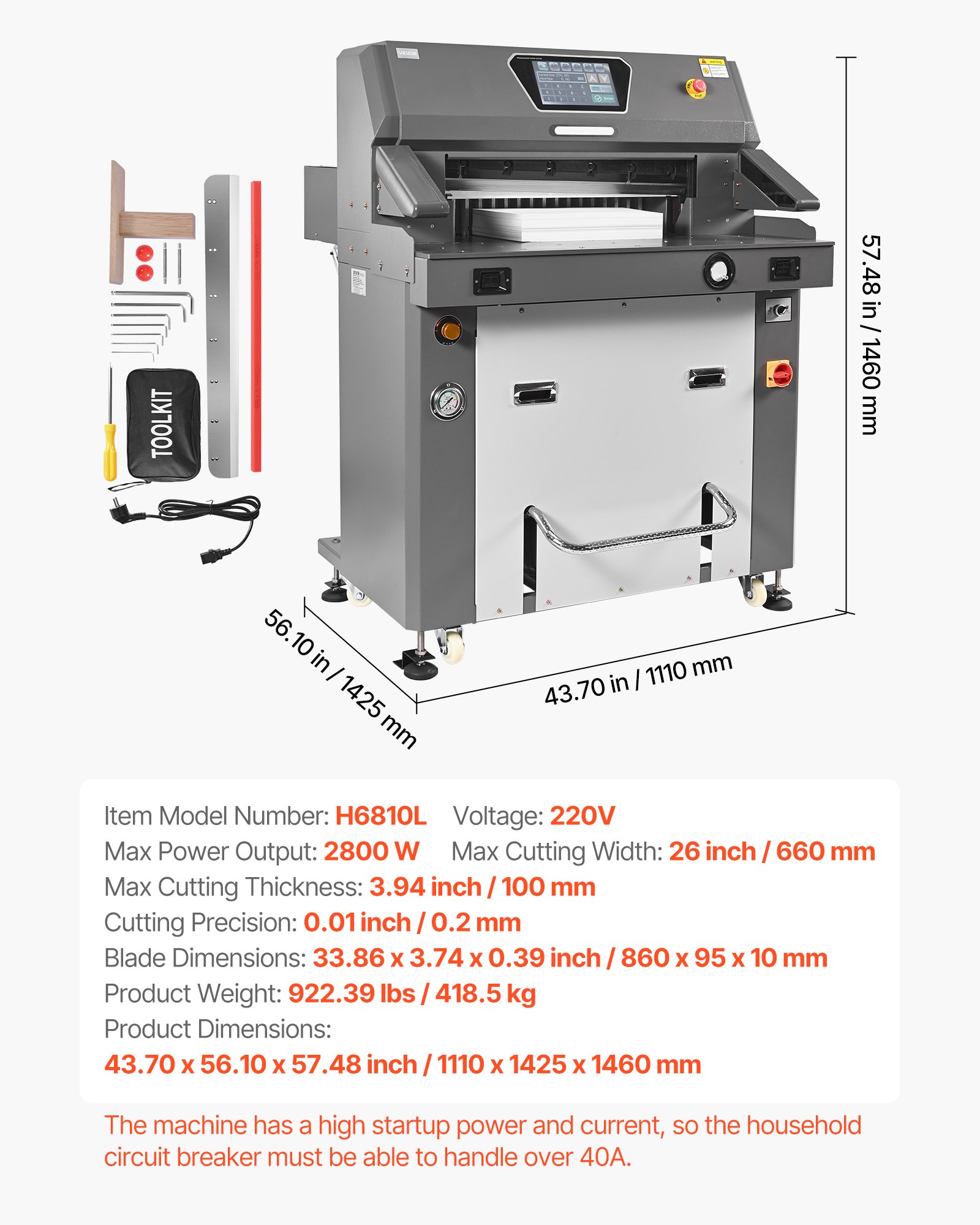 VEVOR Electric Paper Cutter, Metal Hydraulic Paper Cutter Machine, 660 mm Cutting Width, 100 mm Cutting Thickness, Large Size Electric Guillotine Trimmer with Infrared Function and Spare Blade