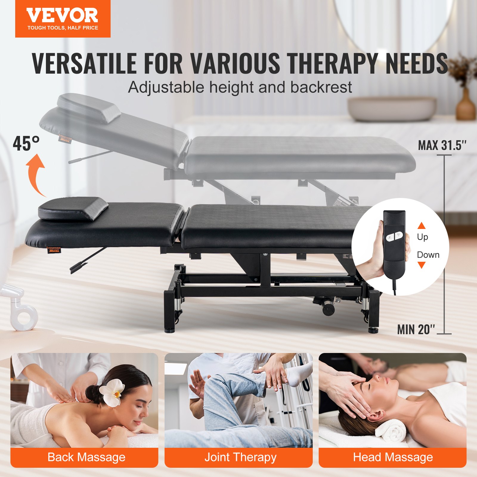 VEVOR Professional Electric Lift Massage Table, 0-45° Adjustable Backrest Medical Table Beauty Bed, Height Adjustable Tattoo Spa Table on Wheels, Electric Massage Table with Headrest, 550LBS