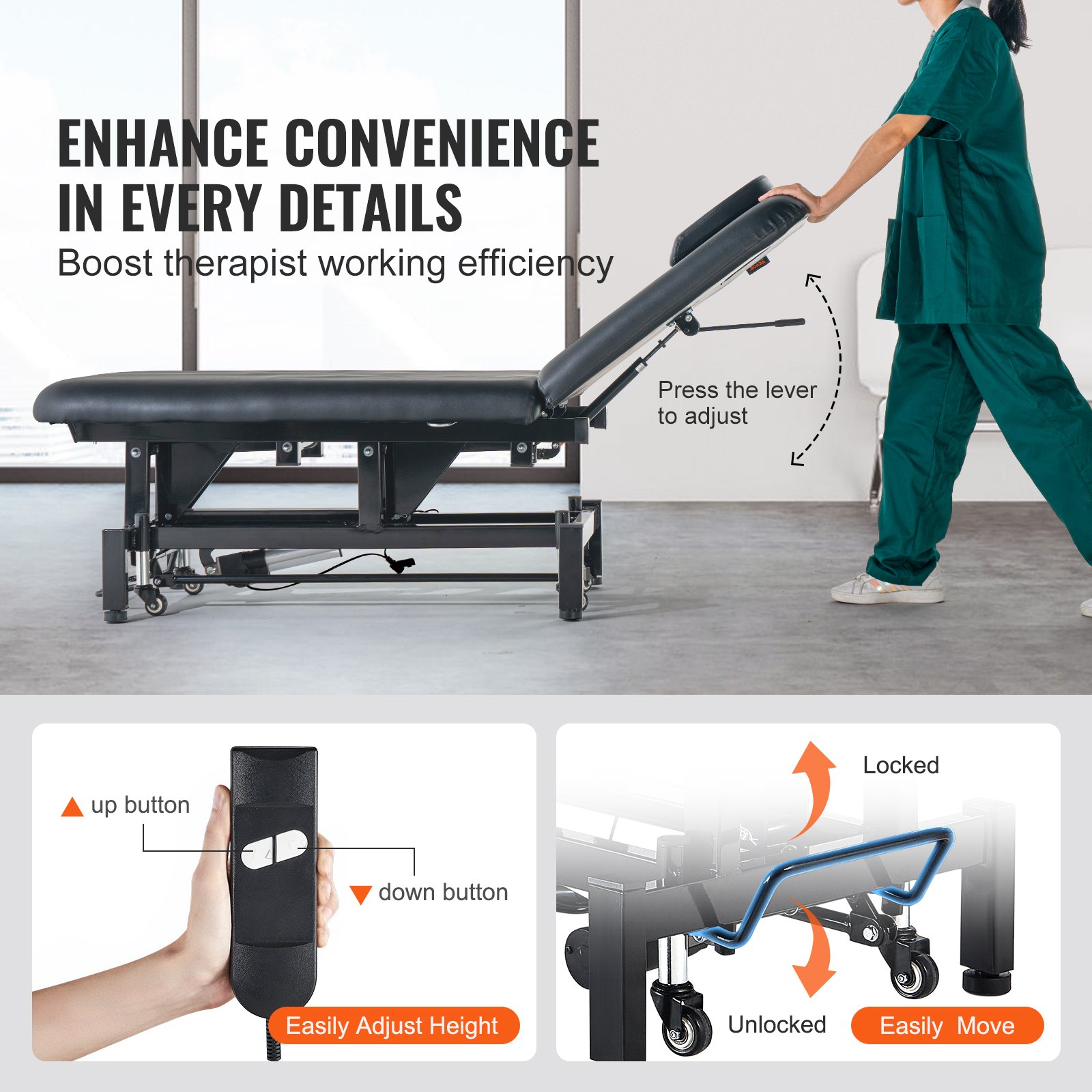 VEVOR Professional Electric Lift Massage Table, 0-45° Adjustable Backrest Medical Table Beauty Bed, Height Adjustable Tattoo Spa Table on Wheels, Electric Massage Table with Headrest, 550LBS