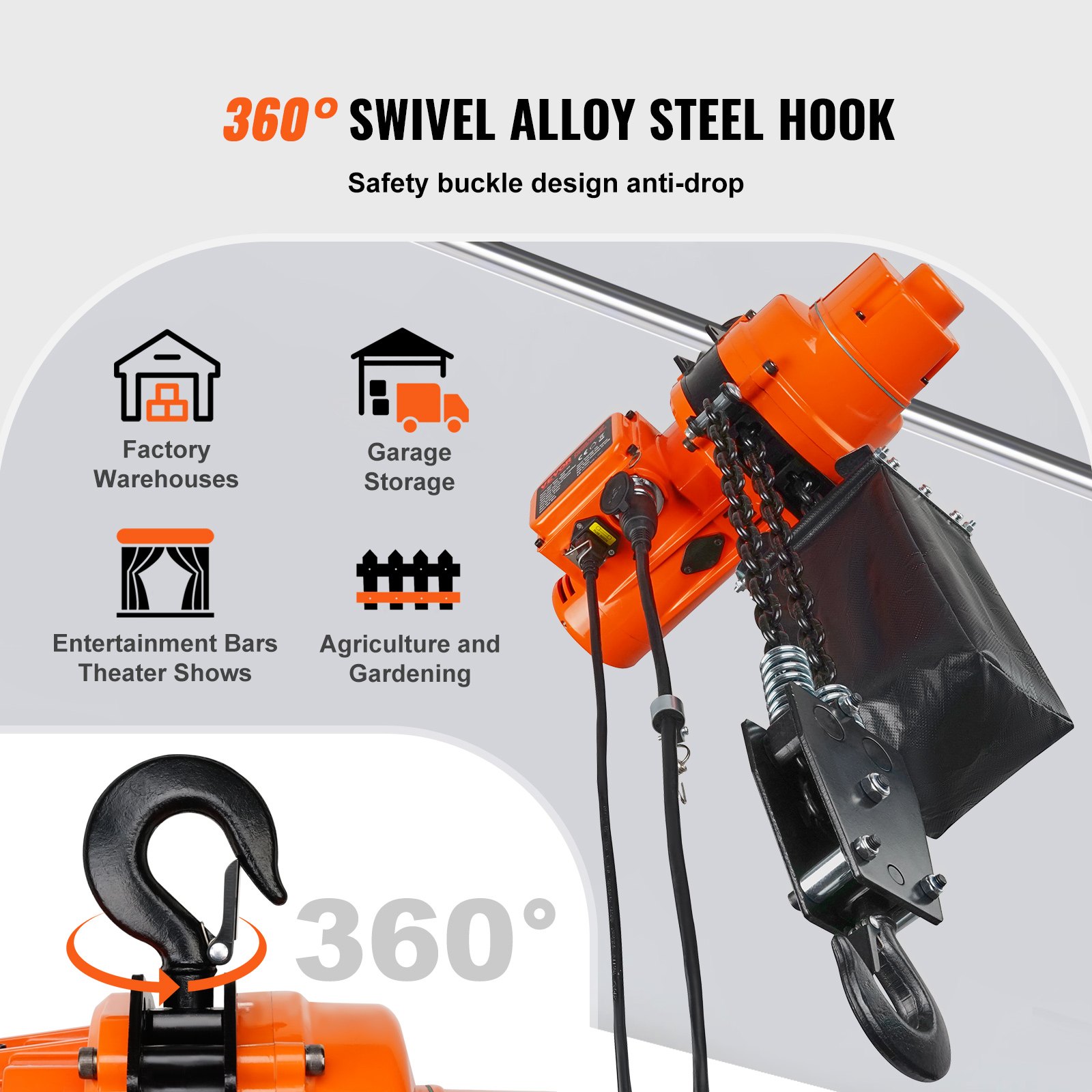 VEVOR Electric Chain Hoist Single Phase Crane Hoist 997.9 kg Load 609.6 cm Lifting