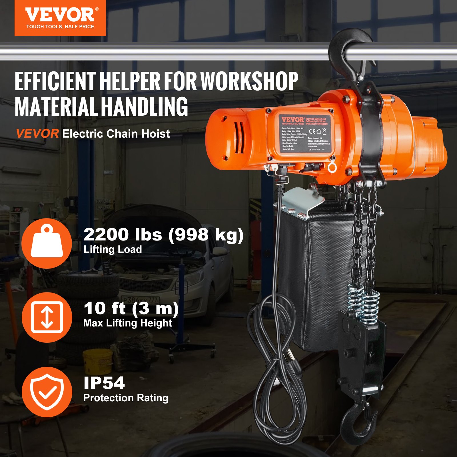 VEVOR Electric Chain Hoist Single Phase Crane Hoist 997.9 kg Load 304.8 cm Lifting