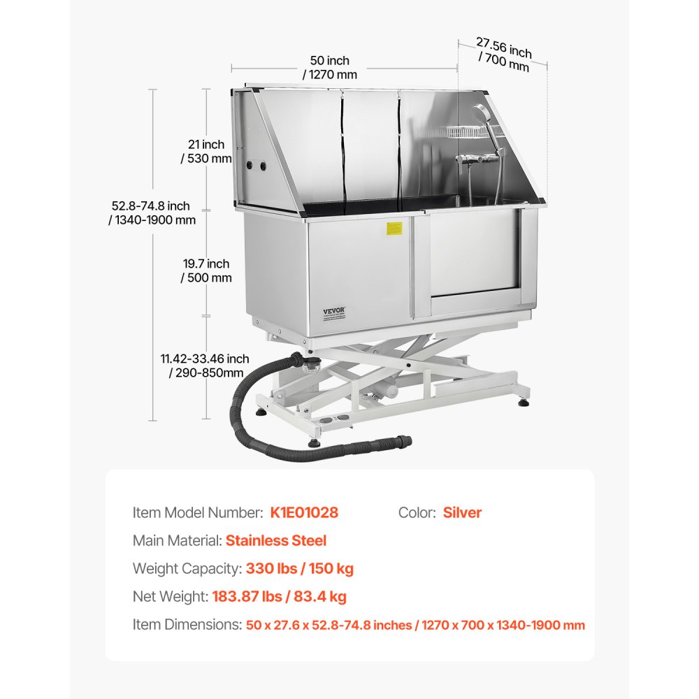 VEVOR Electric Lift Dog Washing Station, 127 cm Professional Stainless Steel Pet Grooming Tub w/ PE Water Filter Board, Faucet & Showerhead Dog Bathtub Washing Sink for Multiple Pets (Right Door)