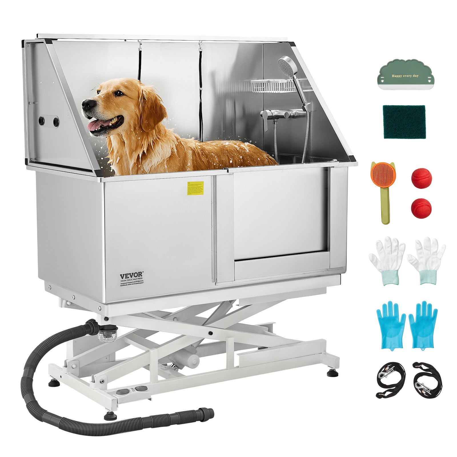 VEVOR Electric Lift Dog Washing Station, 127 cm Professional Stainless Steel Pet Grooming Tub w/ PE Water Filter Board, Faucet & Showerhead Dog Bathtub Washing Sink for Multiple Pets (Right Door)
