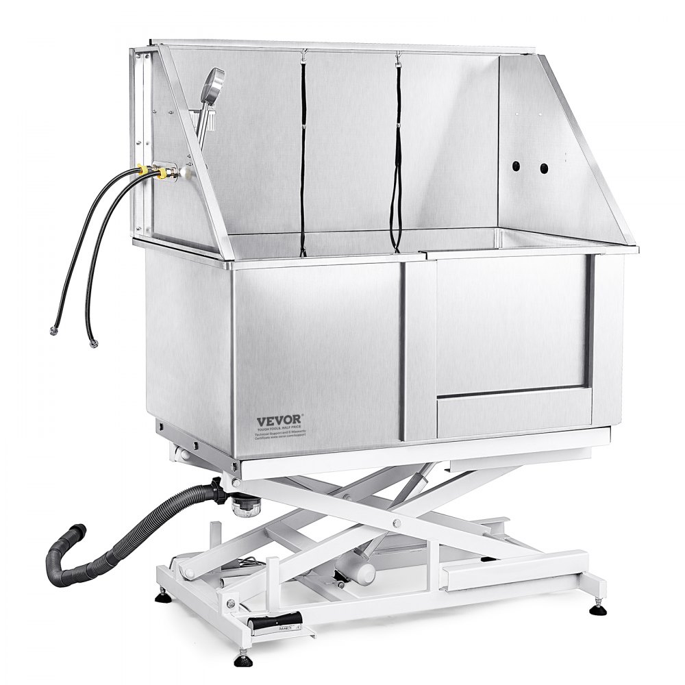 stainless steel VEVOR dog grooming tub with adjustable height and hose attachments for grooming.