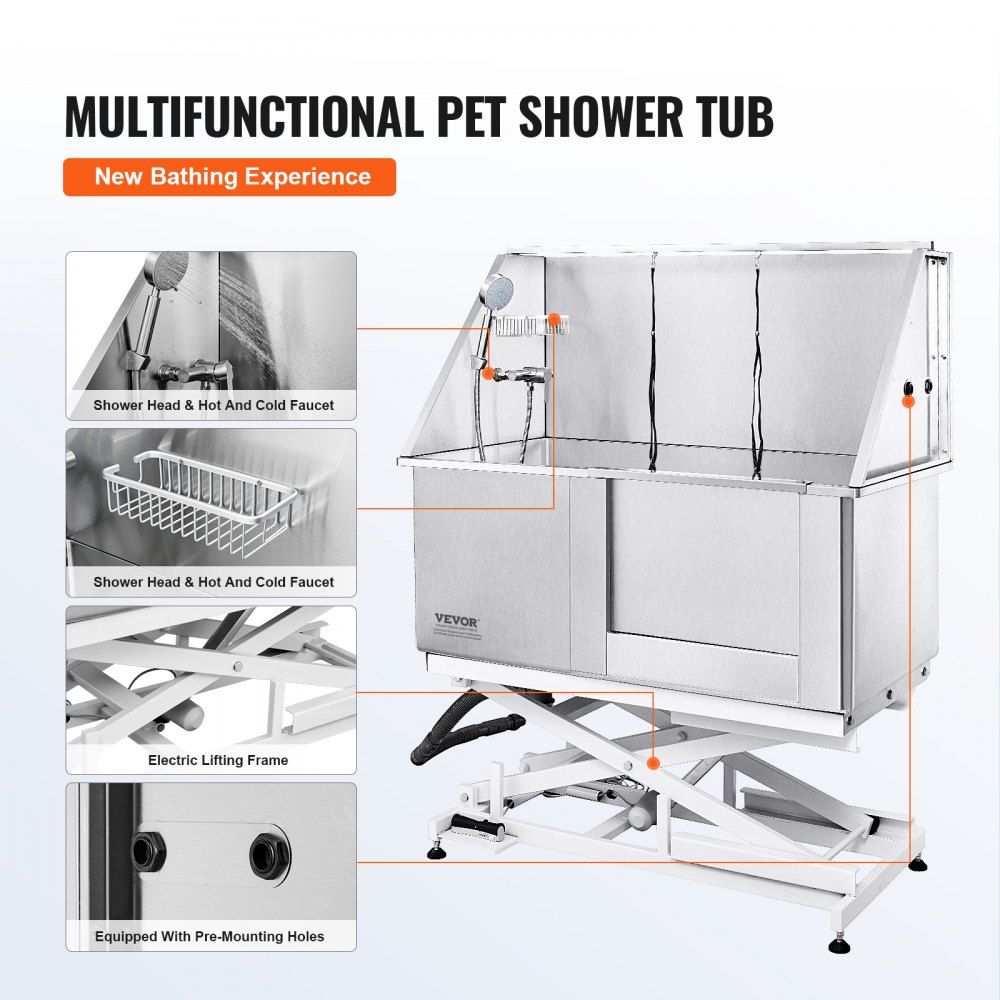 VEVOR 1.27M Pet Dog Bathing Station Electric Height Adjust, Professional Stainless Steel Dog Grooming Tub w/ Soap Box, Faucet,Rich Accessory,Bathtub for Multiple Pets, Washing Sink for Home(Right)