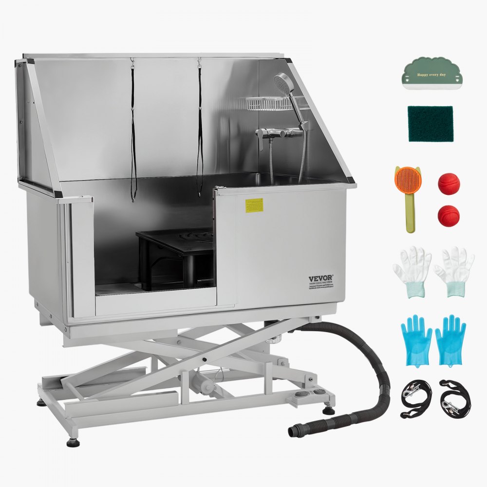 VEVOR Electric Lift Dog Washing Station, 127 cm Professional Stainless Steel Pet Grooming Tub w/ PE Water Filter Board, Faucet & Showerhead Dog Bathtub Washing Sink for Multiple Pets (Left Door)