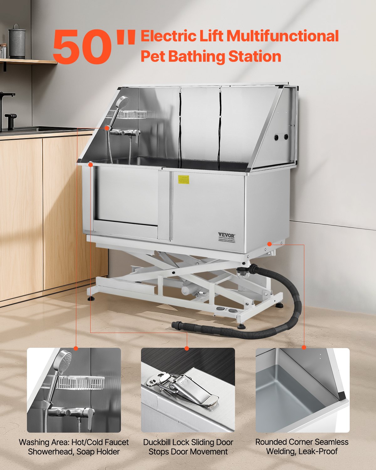 VEVOR Electric Lift Dog Washing Station, 127 cm Professional Stainless Steel Pet Grooming Tub w/ PE Water Filter Board, Faucet & Showerhead Dog Bathtub Washing Sink for Multiple Pets (Left Door)