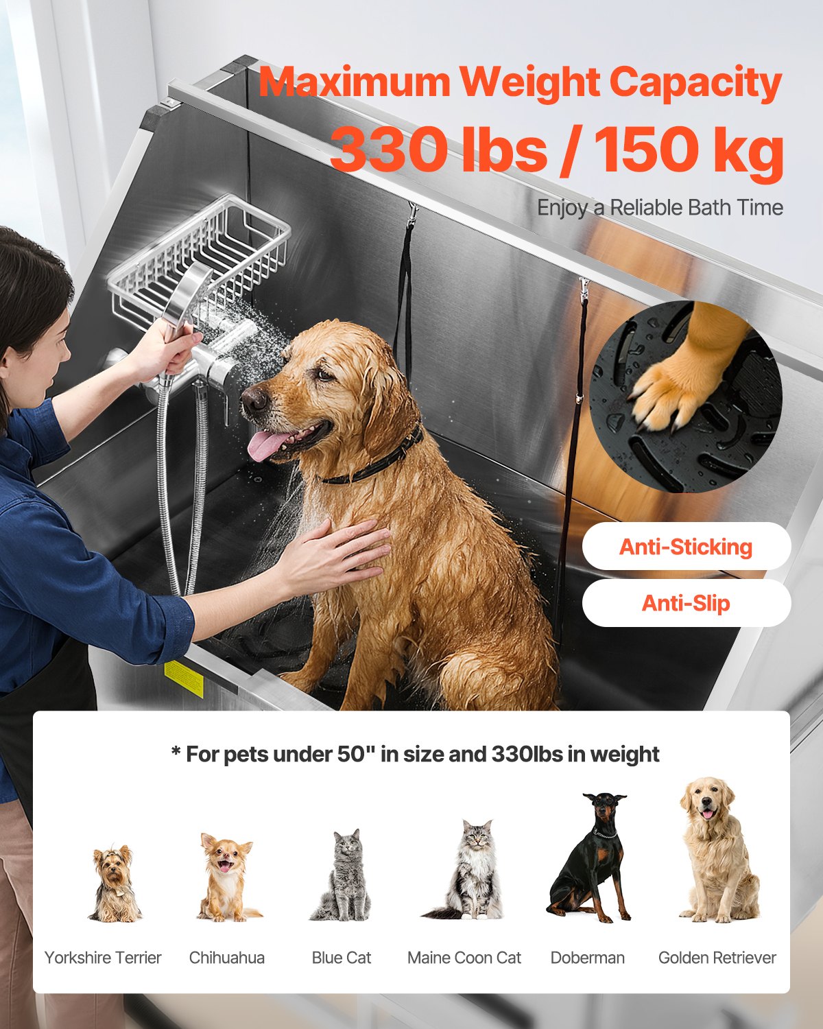 VEVOR Electric Lift Dog Washing Station, 127 cm Professional Stainless Steel Pet Grooming Tub w/ PE Water Filter Board, Faucet & Showerhead Dog Bathtub Washing Sink for Multiple Pets (Left Door)