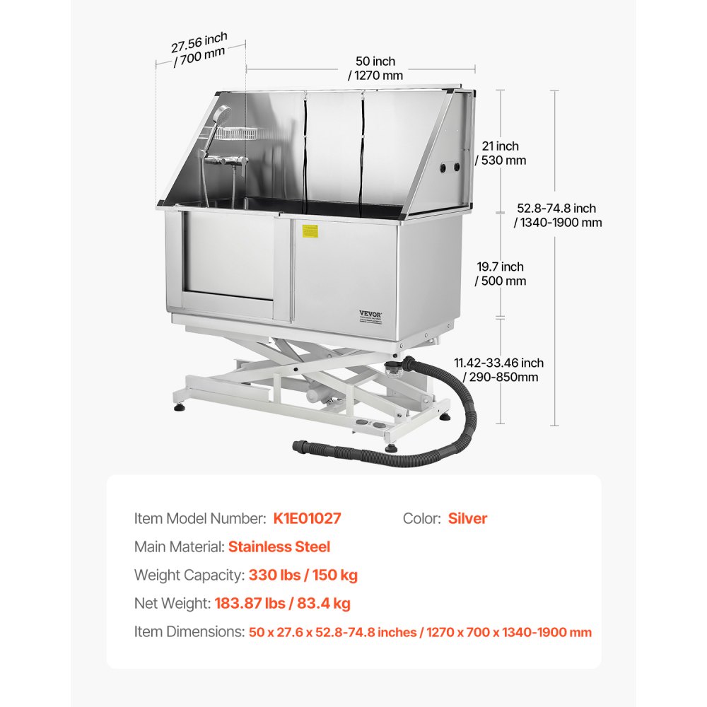 VEVOR Electric Lift Dog Washing Station, 127 cm Professional Stainless Steel Pet Grooming Tub w/ PE Water Filter Board, Faucet & Showerhead Dog Bathtub Washing Sink for Multiple Pets (Left Door)