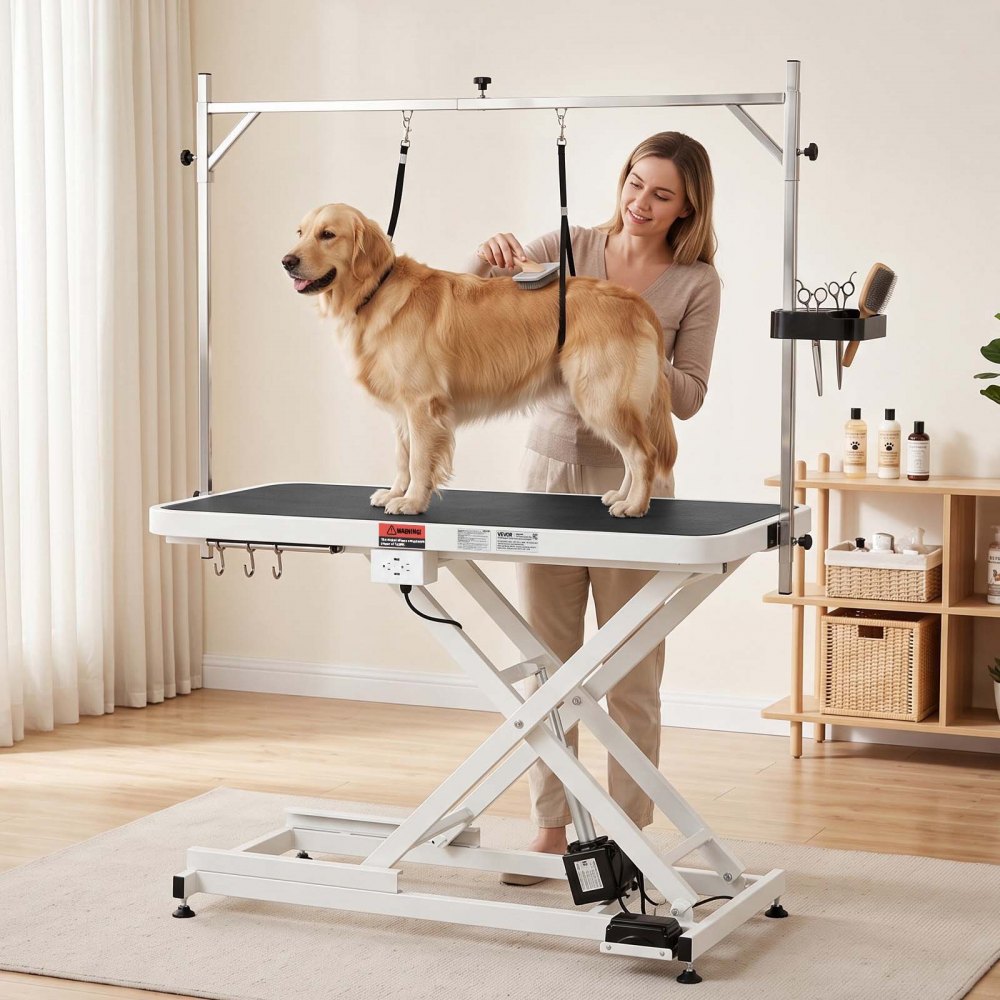 VEVOR Electric Pet Grooming Table, 50 inch Heavy Duty Dog Grooming Station, Upgraded Professional Stand for Large Dogs, Bathing, Trimming, Drying, Height Adjustable, 400 lbs Load, Hooks & Storage Rack