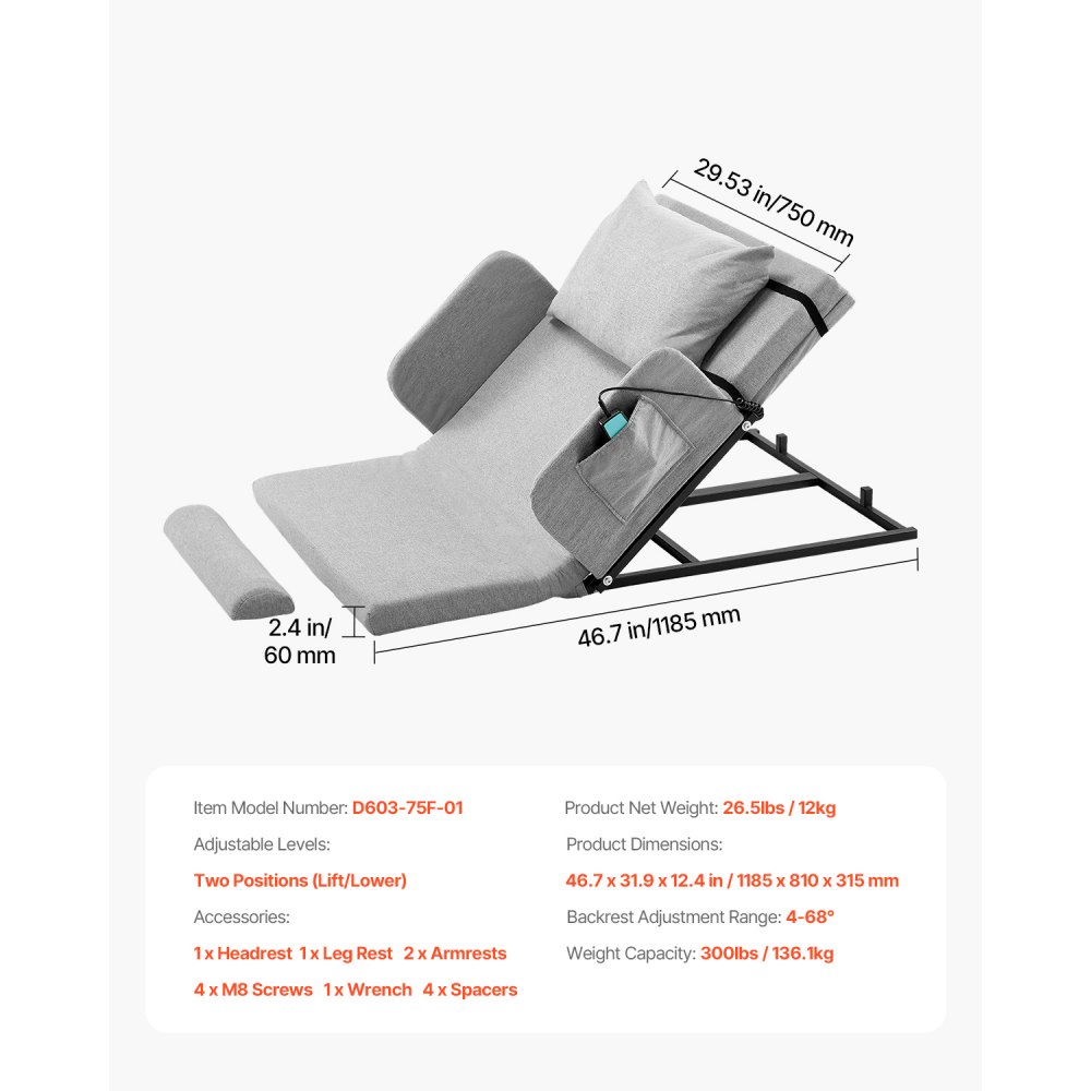 VEVOR Electric Lifting Backrest for Bed, 136kg Capacity, 4-68° Adjustable Lifting Bed Backrest, with Guardrail Armrest & Storage Pouch, Machine Washable, Assist Pregnant Women Elderly Patient Handicap