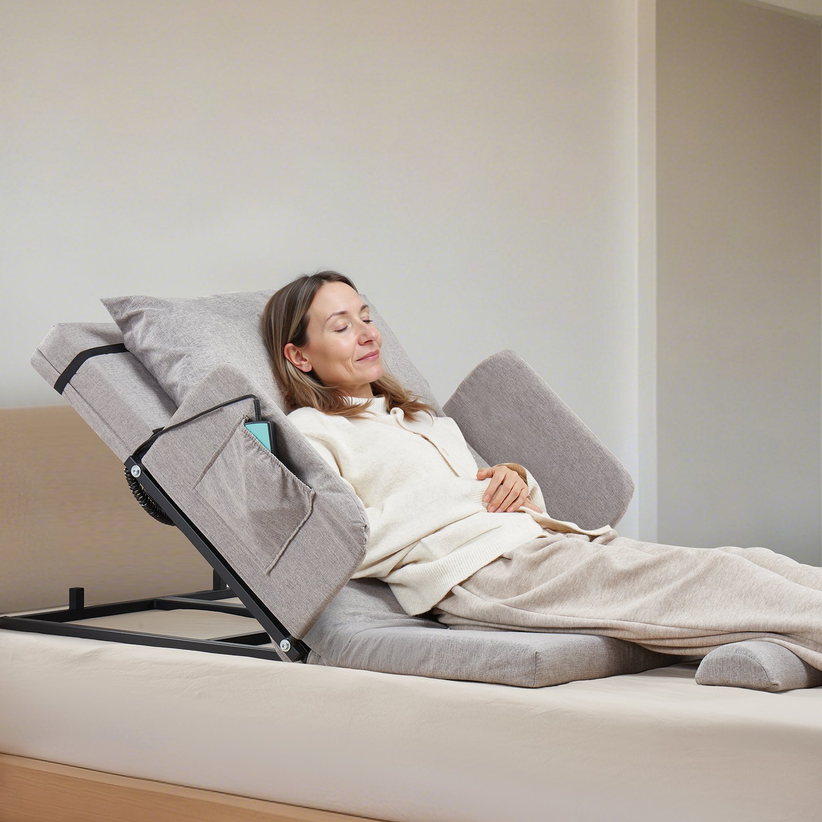 VEVOR Electric Lifting Backrest for Bed, 136kg Capacity, 4-68° Adjustable Lifting Bed Backrest, with Guardrail Armrest & Storage Pouch, Machine Washable, Assist Pregnant Women Elderly Patient Handicap