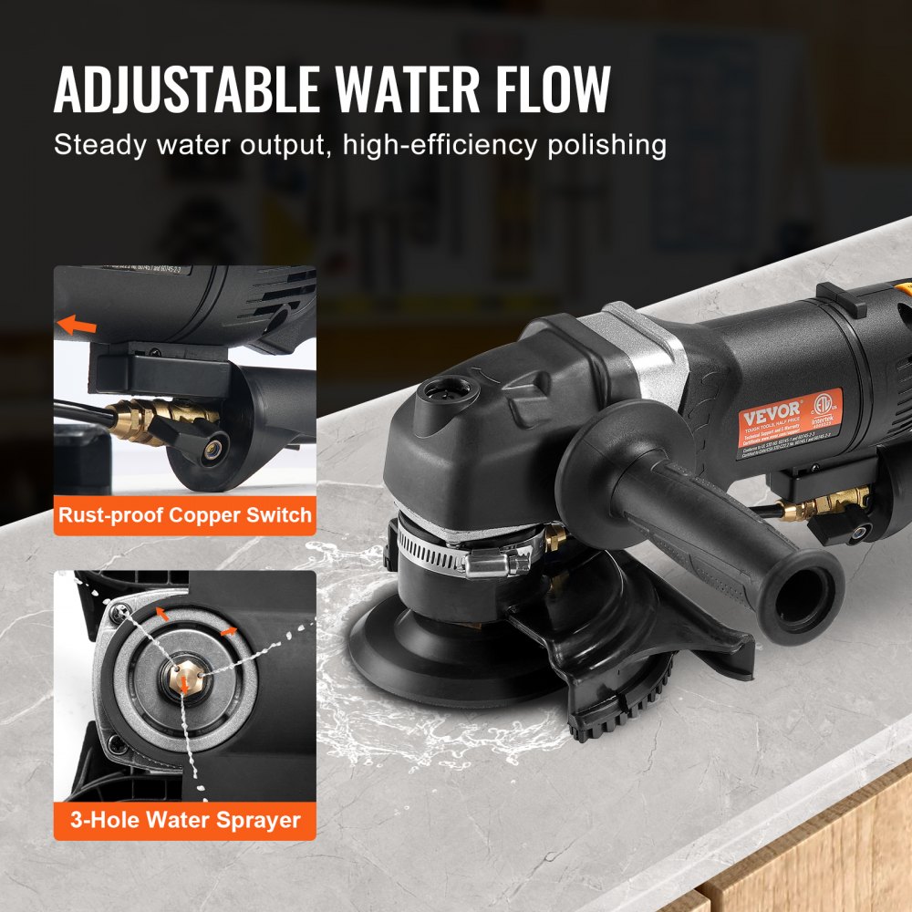 VEVOR vådpolerer 800W, 4" betonsliber med 6 variable hastigheder og 7 poleringssæt, vådsliber til marmor, granit, sten, fliser, udstyret med en HFI-afbryder, (700 - 3000 o/min)
