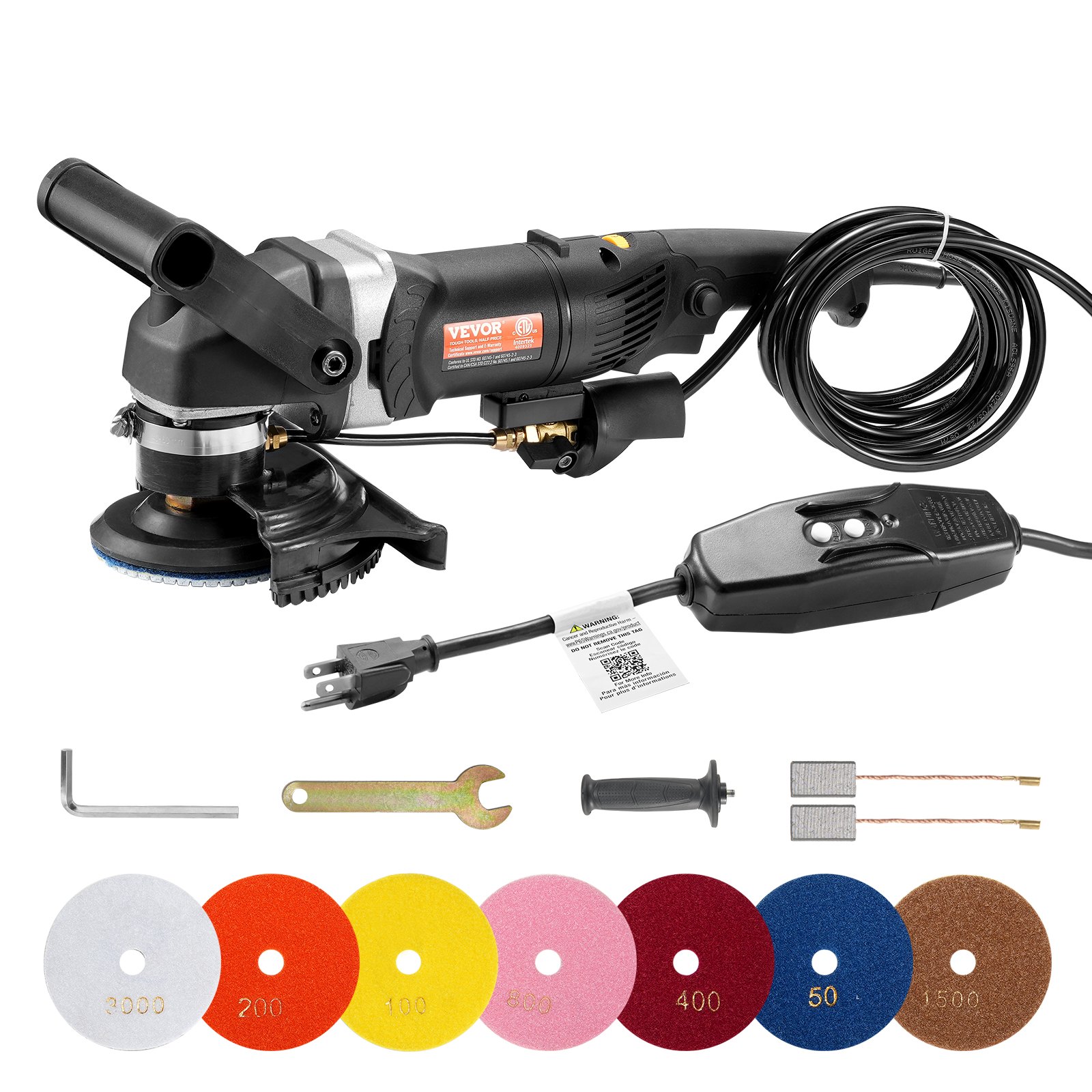 VEVOR Wet Polisher 800W, 4" Concrete Grinder with 6 Variable Speed and 7 Polishing Kits, Wet Grinder Machine for Marble, Granite, Stone, Rock, Tile, Equipped with a GFCI Switch, (700 - 3000 RPM)