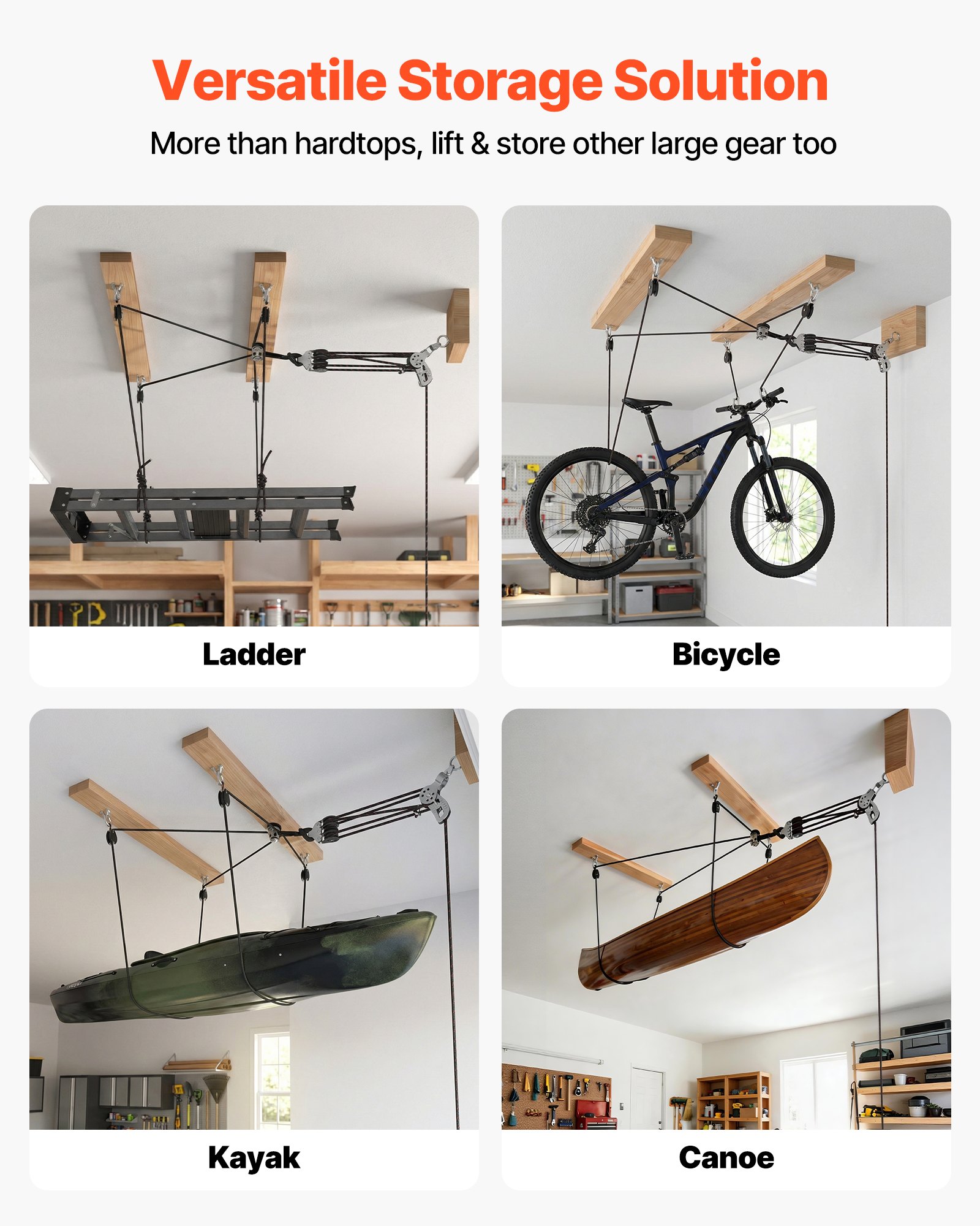 VEVOR Hard Top Remover Lift, 99.79 kg, Jeep Hardtop Removal Storage Roof Hoist with Anti-Drop System, Easy One-Person Operation, Support 8-16 in Ceiling, for 2-Door & 4-Door Jeep Wrangler JK JL & Ford