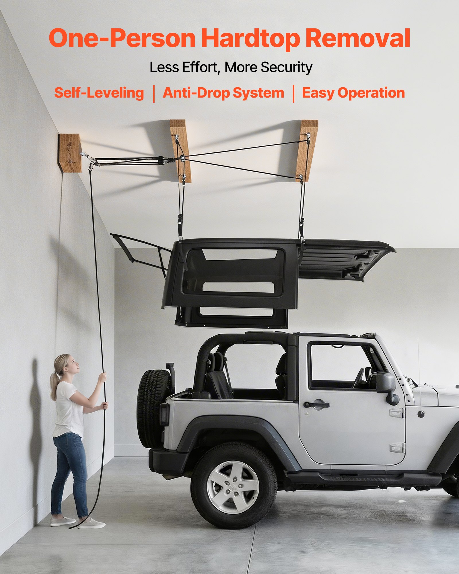 VEVOR Hard Top Remover Lift, 99.79 kg, Jeep Hardtop Removal Storage Roof Hoist with Anti-Drop System, Easy One-Person Operation, Support 8-16 in Ceiling, for 2-Door & 4-Door Jeep Wrangler JK JL & Ford