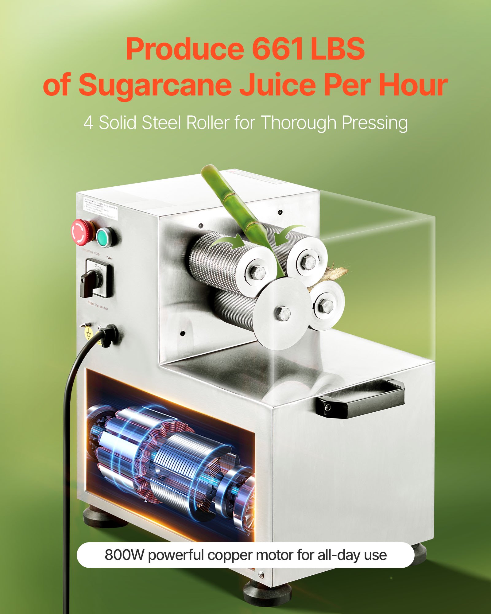 VEVOR Commercial Sugar Cane Juicer, 800W Electric Sugarcane Juicer Machine with 300KG/H High Output, 4 Stainless Steel Rollers, Sugar Cane Press Juice Extractor Squeezer for Home/Commercial Use