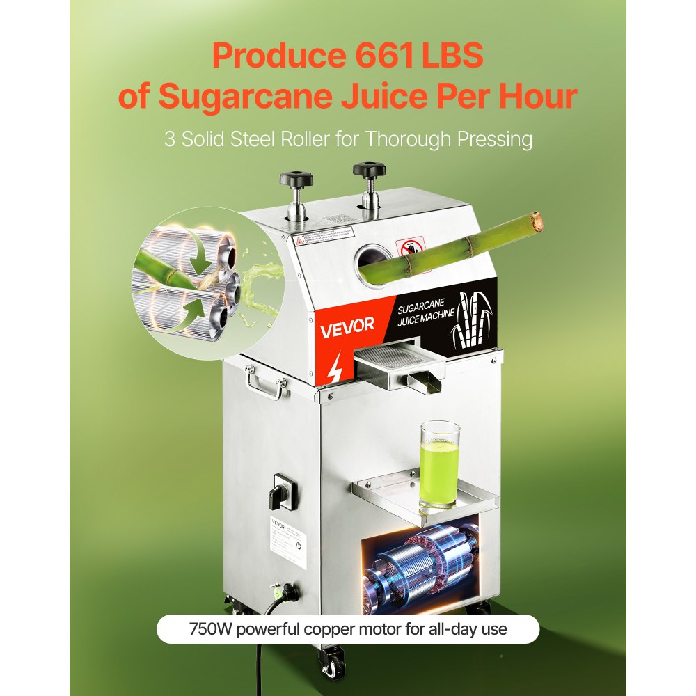 VEVOR Commercial Sugar Cane Juicer, 750W Electric Sugarcane Juicer Machine with 661LBS/H High Output, 3 Stainless Steel Rollers, Sugarcane Juice Press Extractor Squeezer on Wheels for Home/Commercial