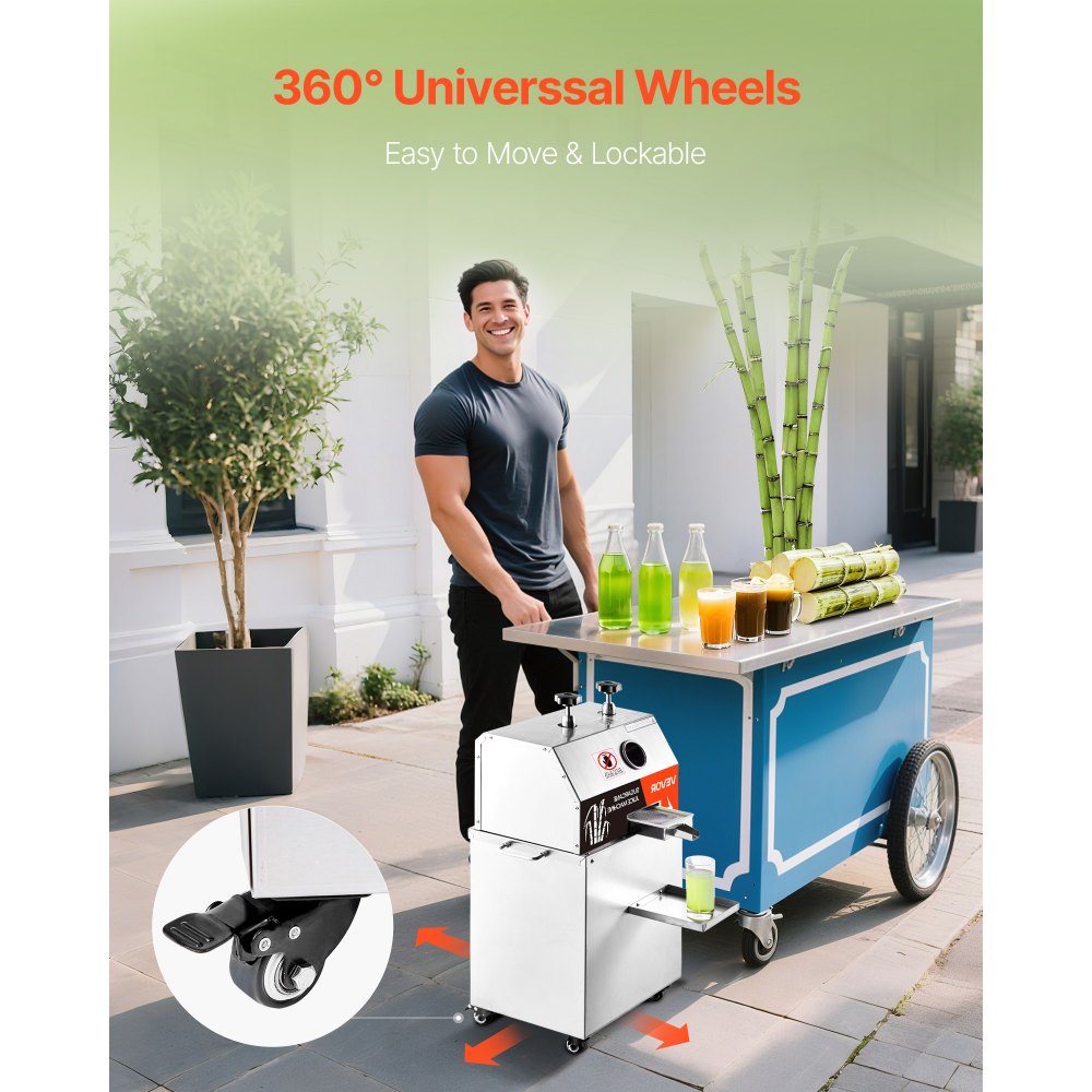 VEVOR Commercial Sugar Cane Juicer, 750W Electric Sugarcane Juicer Machine with 661LBS/H High Output, 3 Stainless Steel Rollers, Sugarcane Juice Press Extractor Squeezer on Wheels for Home/Commercial