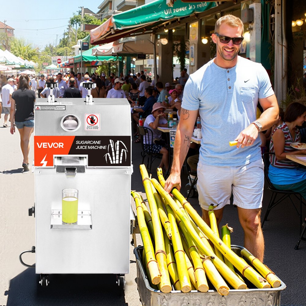VEVOR Commercial Sugar Cane Juicer, 750W Electric Sugarcane Juicer Machine with 661LBS/H High Output, 3 Stainless Steel Rollers, Sugarcane Juice Press Extractor Squeezer on Wheels for Home/Commercial