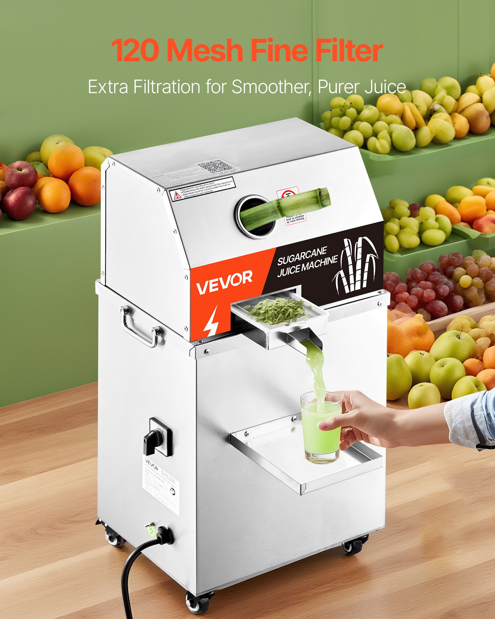 VEVOR Commercial Sugar Cane Juicer, 800W Electric Sugarcane Juicer Machine with 661LBS/H High Output, 3 Stainless Steel Rollers, Sugar Cane Press Juice Extractor Squeezer on Wheels for Home/Commercial